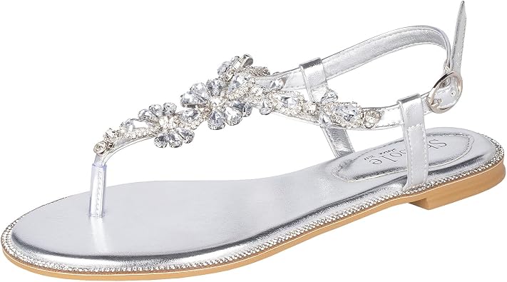 silver flat dress sandals for wedding Rhinestone Flat Sandals Elastic Roma Shoes Bling diamonds bridal shoes  Dress Shoes silver Beach Bohemian shoes Beige-5.5(8.86 inch)