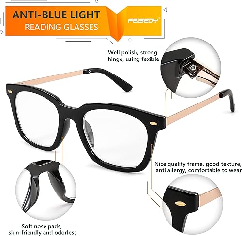 Miniatura 5 de FEISEDY Gafas de lectura, bloqueo de luz azul, anteojos cuadrados de gran tamaño para mujeres y hombres, B4096