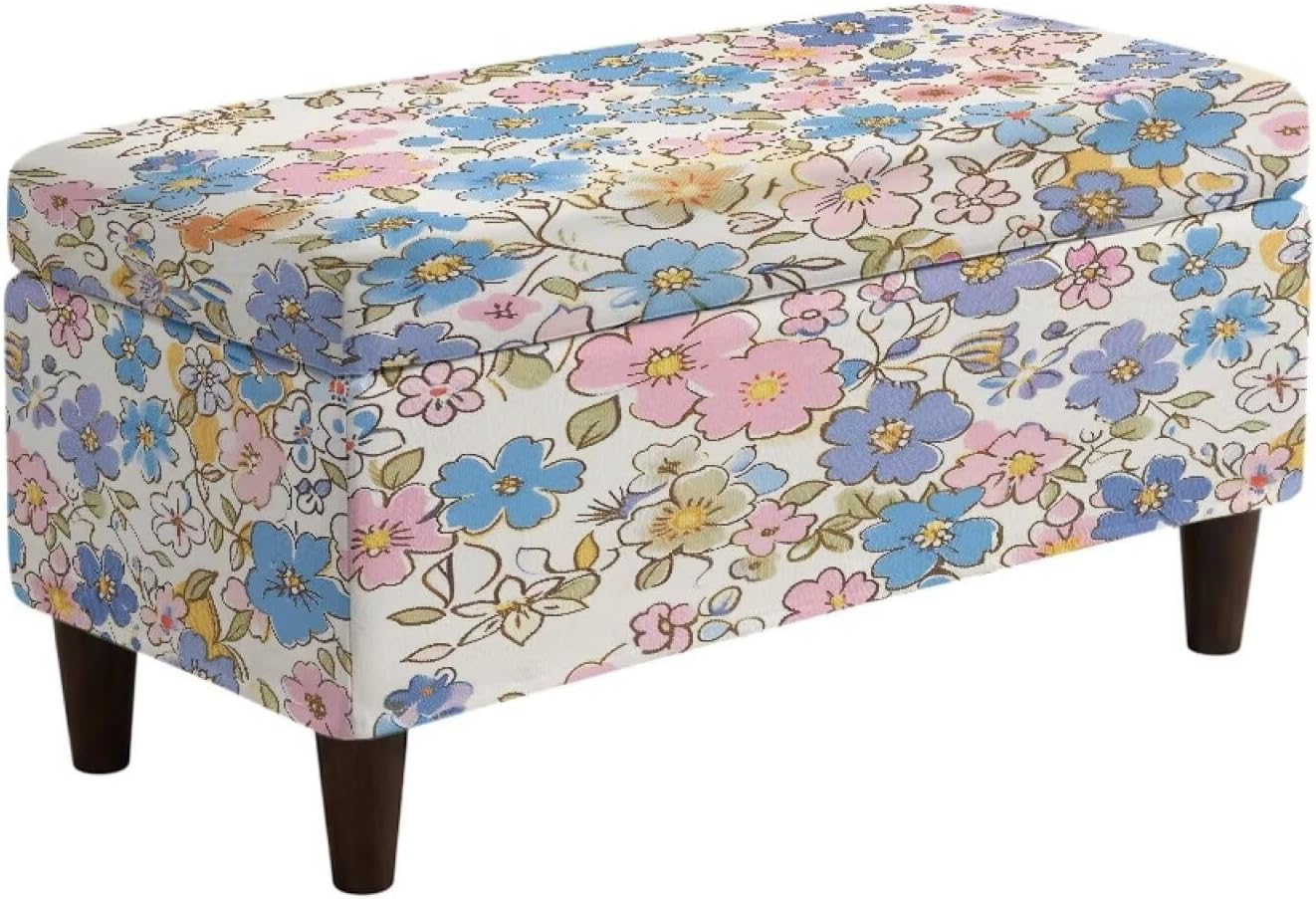 Colorful Cherry Blossom Pattern Folding Storage Ottoman Cover Rectangle, Stretch Jacquard Slipcover for Footstool Bench, Removable Washable Furniture Protector with Elastic Bottom, L