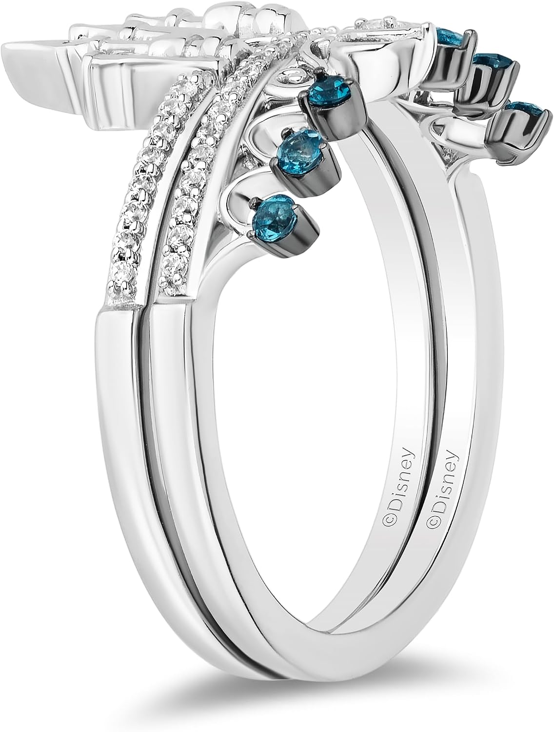 Jewelili Enchanted Disney Fine Jewelry Sterling Silver with 1/8 CTTW Diamond and London Blue Topaz Cinderella Duo Stack Ring