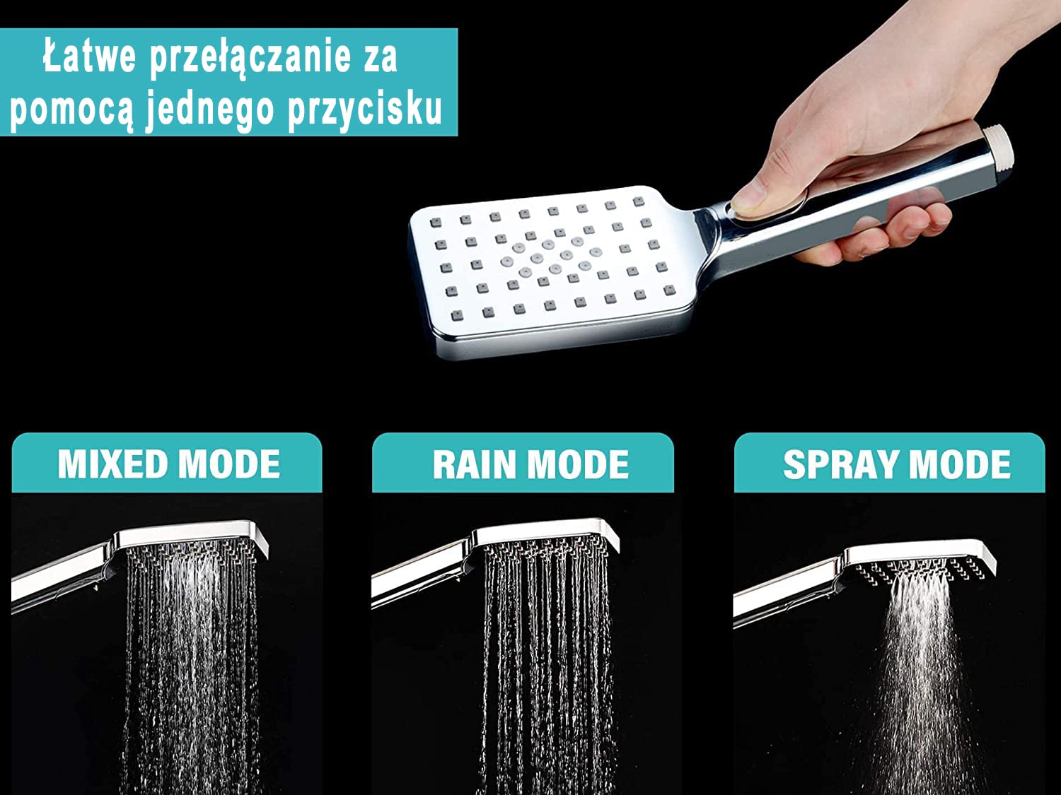 System prysznicowy firmy ELBE ze stali nierdzewnej, z termostatem, deszczownicą, słuchawką prysznicową, kwadratową głowicą prysznicową 25 x 25 cm.