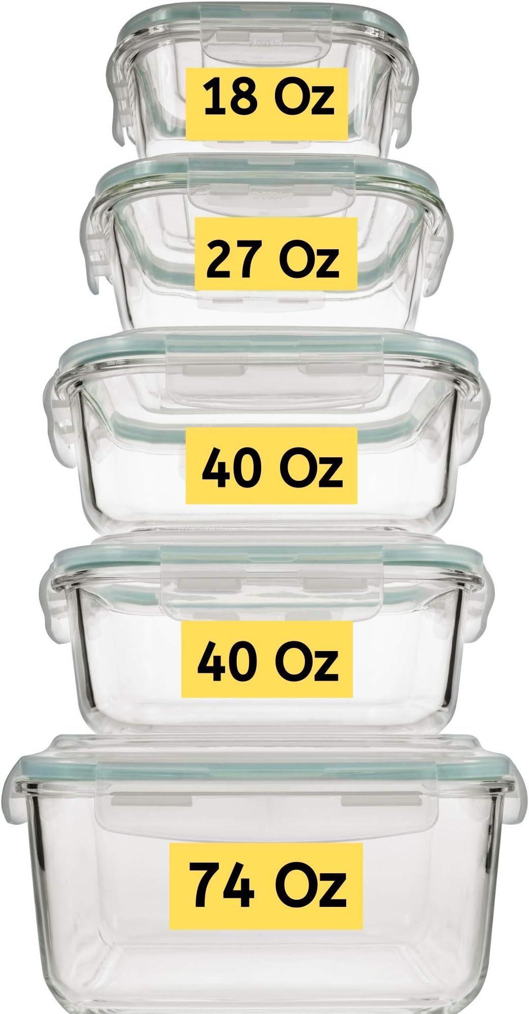 RazabExtra Large & Assorted sizes Glass Food Storage Containers with Airtight Lids 10 Pc [5 containers with lids] Microwave/Oven/Freezer & Dishwasher Safe. BPA/PVC Free. Reusable Square container set