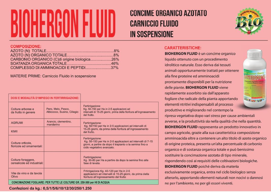 Biohergon Fluid Concime Organico Azotato Liquido con Aminoacidi e Peptidi - Bio-Stimolante Professionale per Piante e Orto - Flacone da 30 L