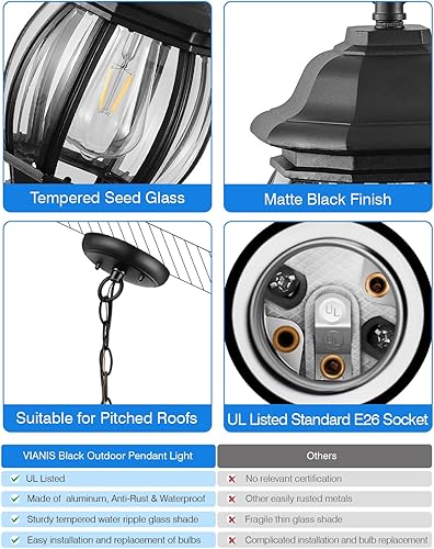 Miniatura 5 de VIANIS Lámpara colgante negra para exteriores, luces colgantes de aluminio para exteriores con impermeable, luces de techo al aire libre para porche