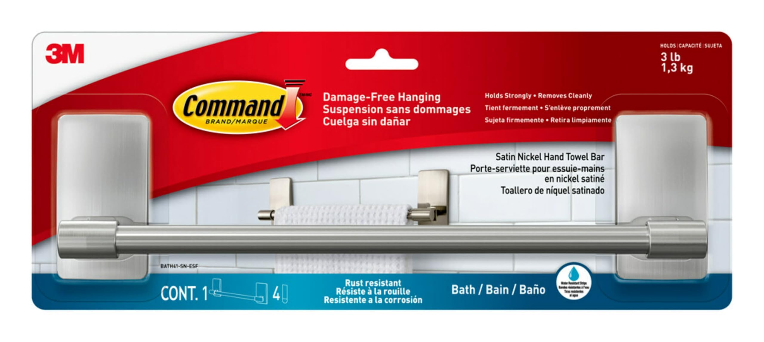 Command Bath41-Sn-Es Towel Bar, Satin Nickel, Damage-Free