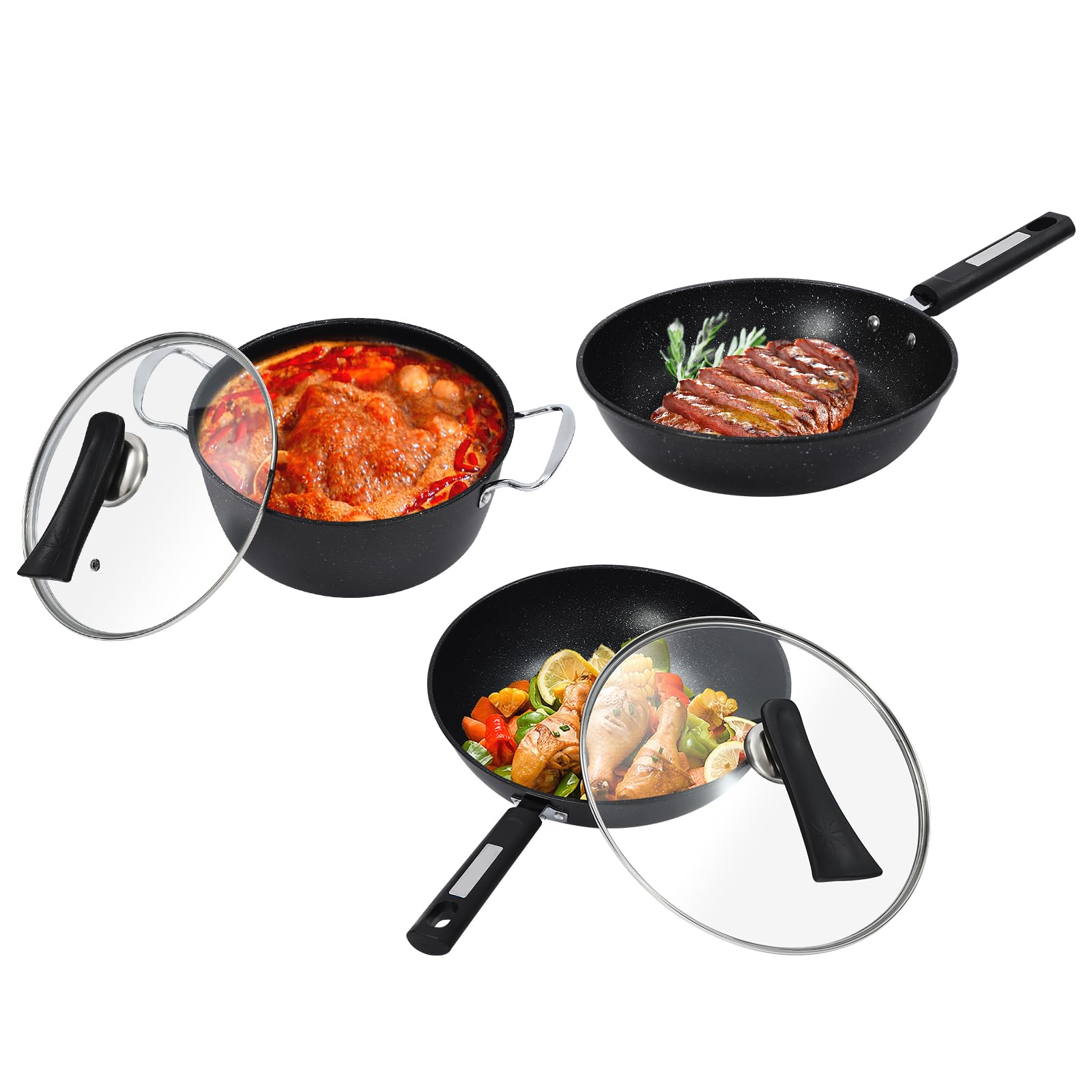 Juego de 3 piezas de sartén Wok con revestimiento antiadherente Woks con espátula de madera, para cocina de gas, cocina de inducción, cocina de cerámica