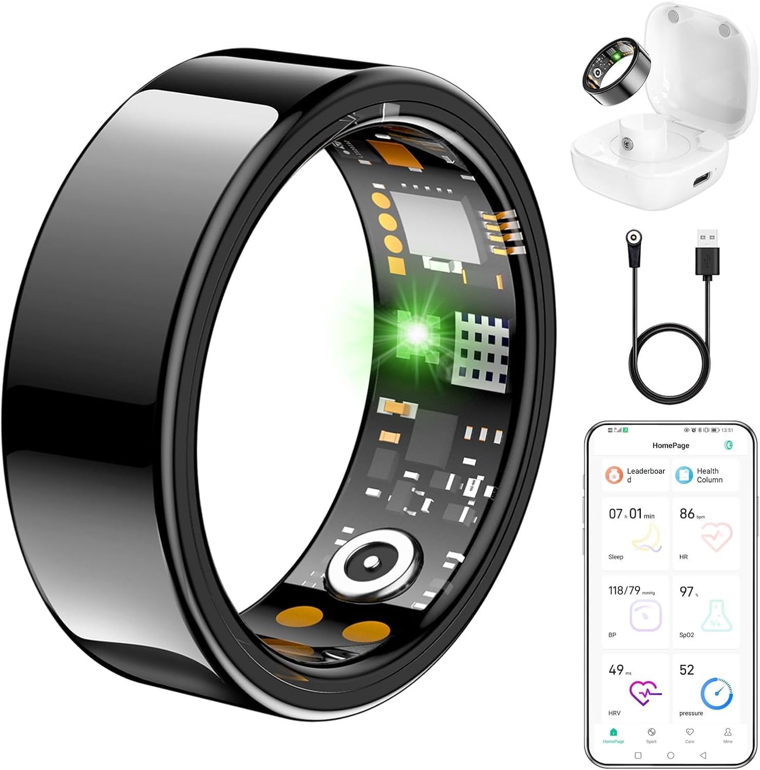 Ring Health Tracker for Women Men, Fit Ring with Heart Rate, Blood Oxygen, Sleep Monitor, Calories, Step Counter, IP68 Waterproof Smart Ring for iPhone &amp; Android, No Subscription Fee (Black, 7#