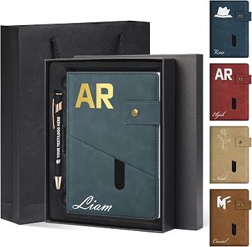 ENOMY A5 Personalized Notebook Set with Pen & Gift Box Leather Lined Custom Daily Diary Journal for Men Women Custom Notebook Writing, Gray Blue