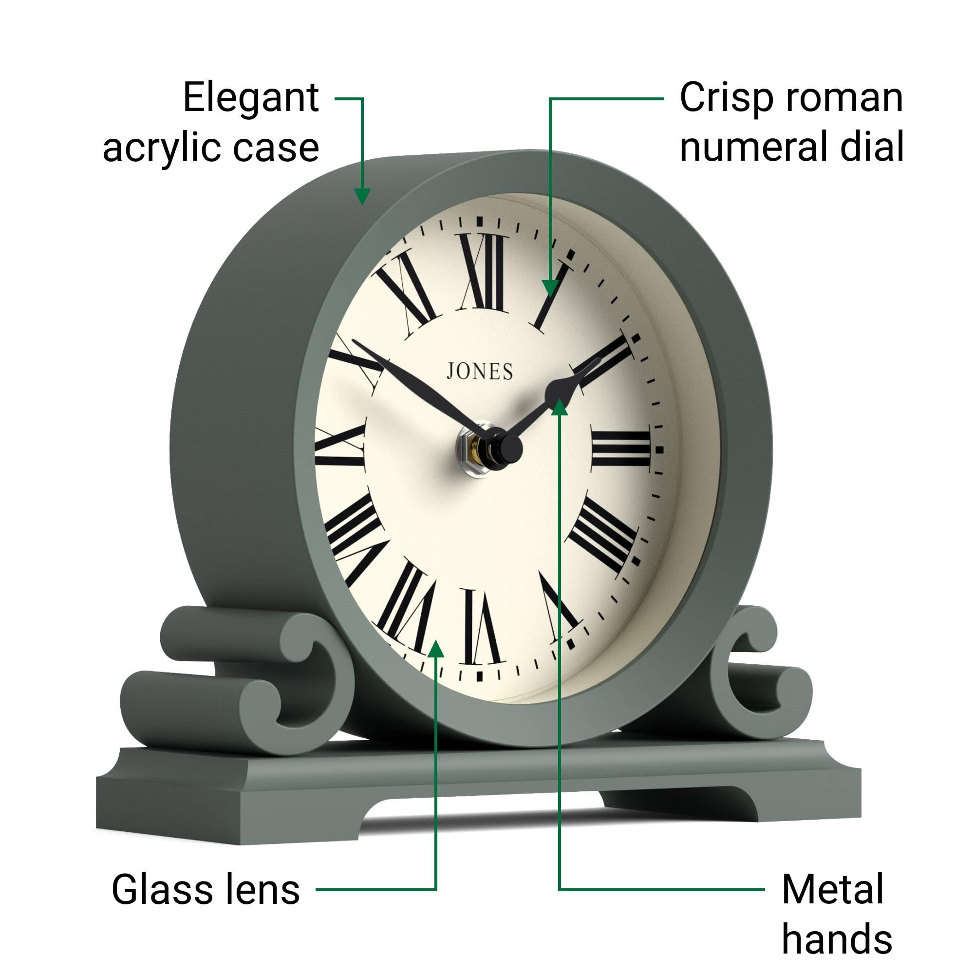 JONES CLOCKS® Saloon Kaminsimsuhr | Kleines traditionelles doppelscroll-Design | Grün | Römische Zahlen | Klassischer Stil für Schreibtisch, Tisch, Regal oder Bett