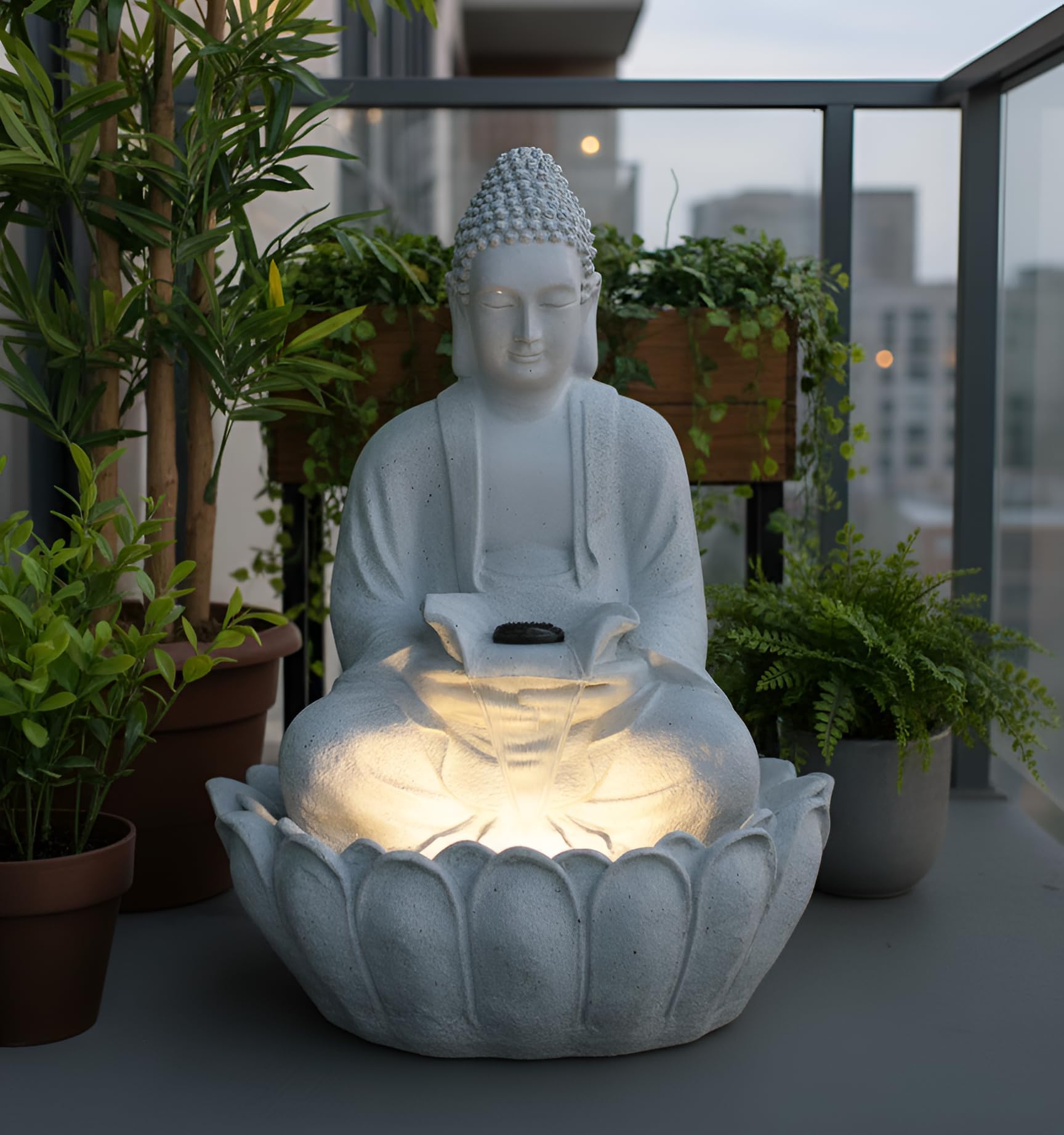 EXPLEASIA Lotus Buddha Water Fountain for Home, Living Room, Garden, Offices, Fountain for Home vastu, Buddha Fountain Indoor Home décor, Big Size (Stone Grey)