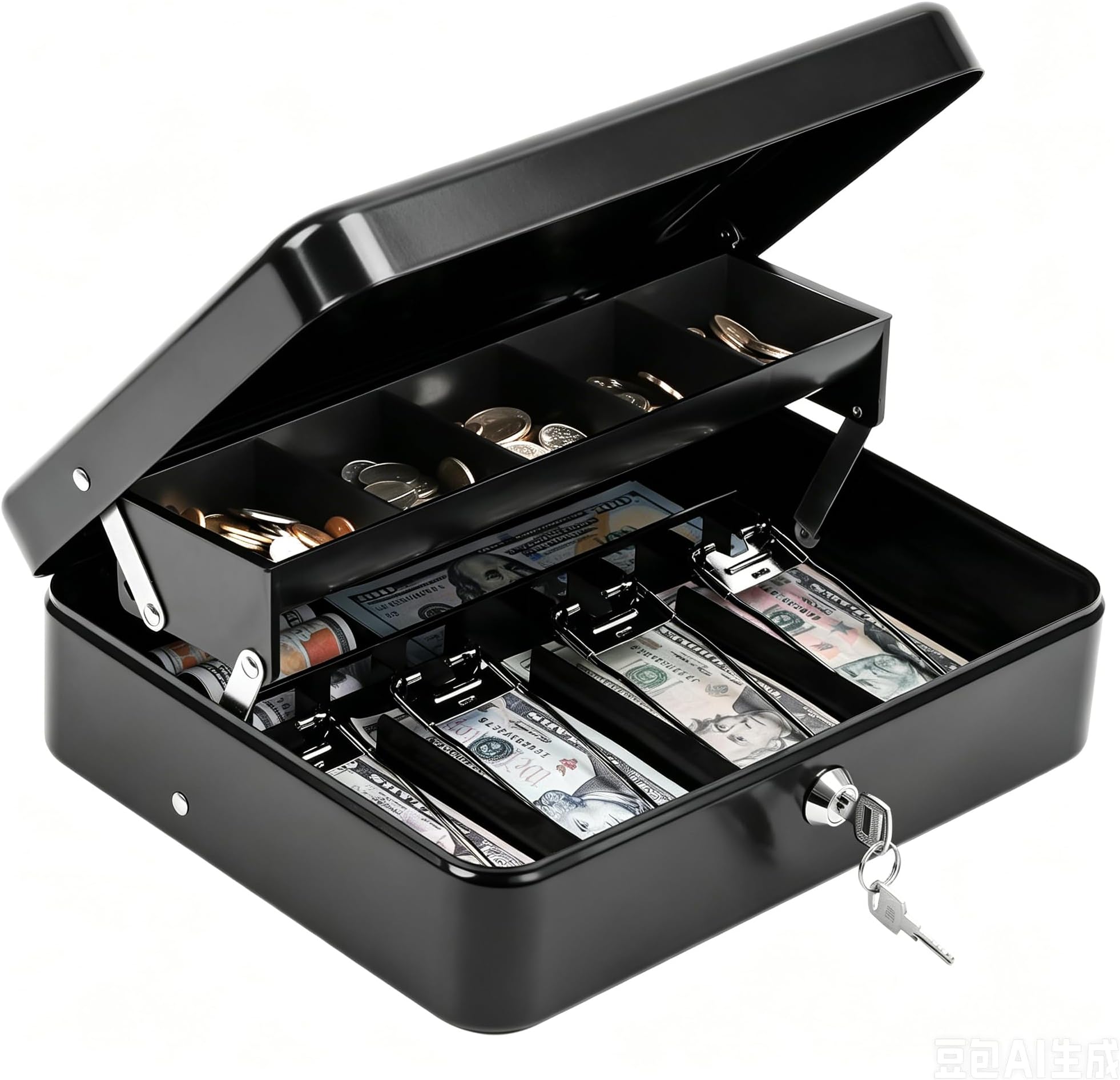KYODOLED Cash Box with Key Lock, Metal Cash Drawer with Auto-Pop Coin Tray & Hidden Storage, Portable Money Box with Windproof Bill Clips for Small Business Yard Sales, 11.8x9.45x3.54 Inch, Black