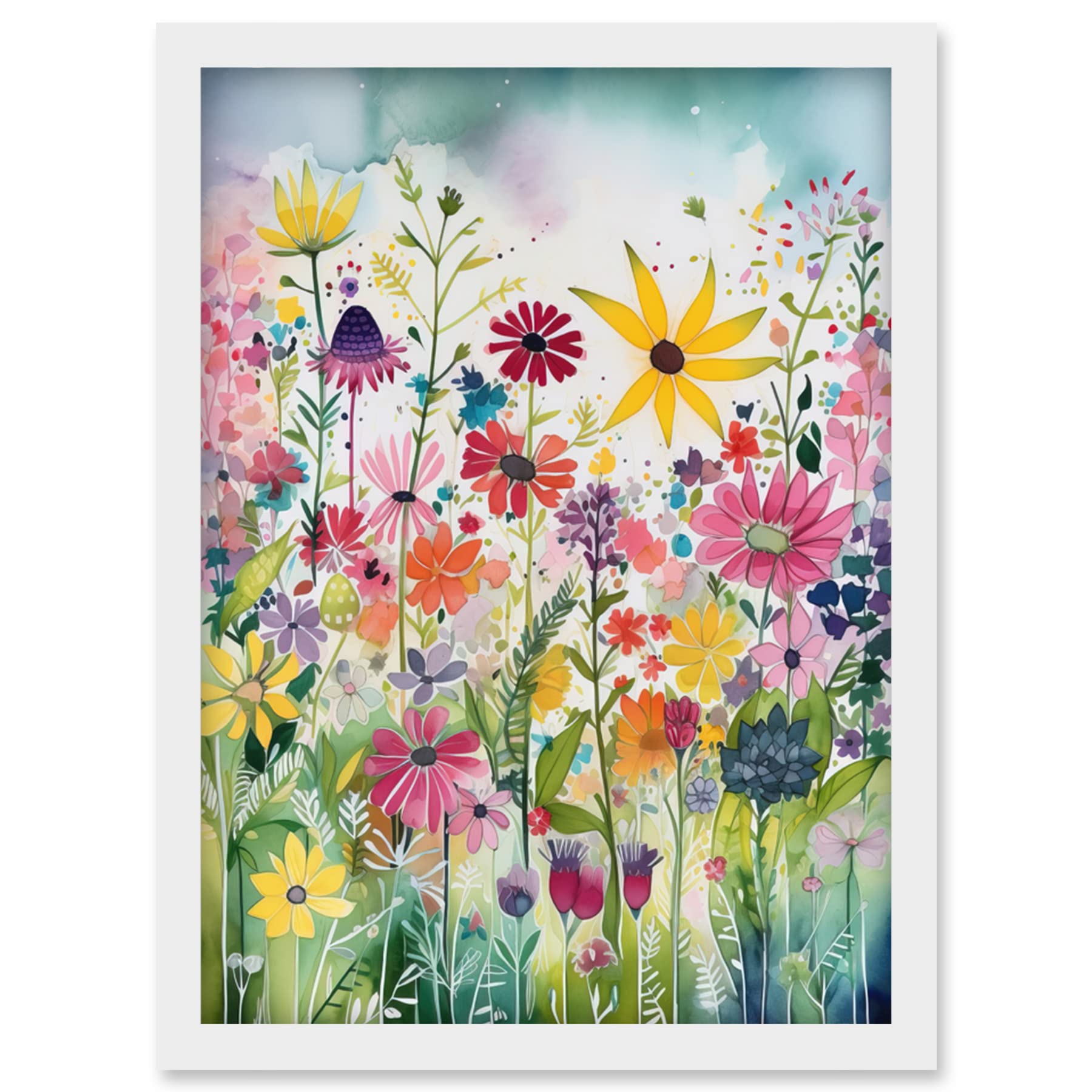 Artery8 Bright Wildflower Floral Blooms Folk Art Artwork Framed Wall Art Print A4