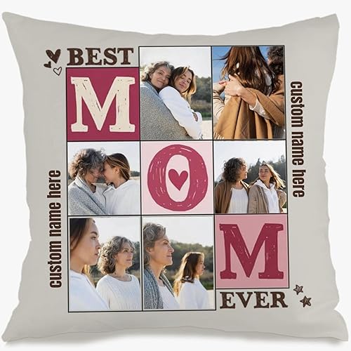Custom Pillow Case with 6 Photos and Personalized Text for Mom, Soft Decorative Cushion Cover That Becomes a Heartfelt Gift for Mothers Day Birthday