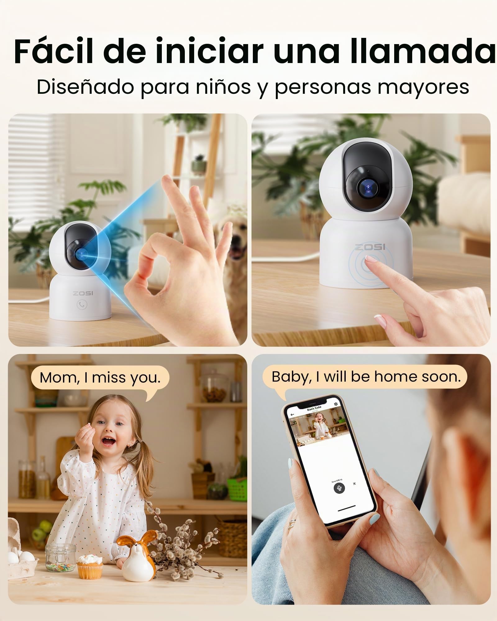 ZOSI C518 3MP Cámara Seguridad WiFi Interior 4pcs Cámara IP 2,4G/5G WiFi, Pan 355° Tilt 108°, Seguimiento de Movimiento, Vigilancia para Niño Anciano, Audio Bidireccional, Llamada con un Clic