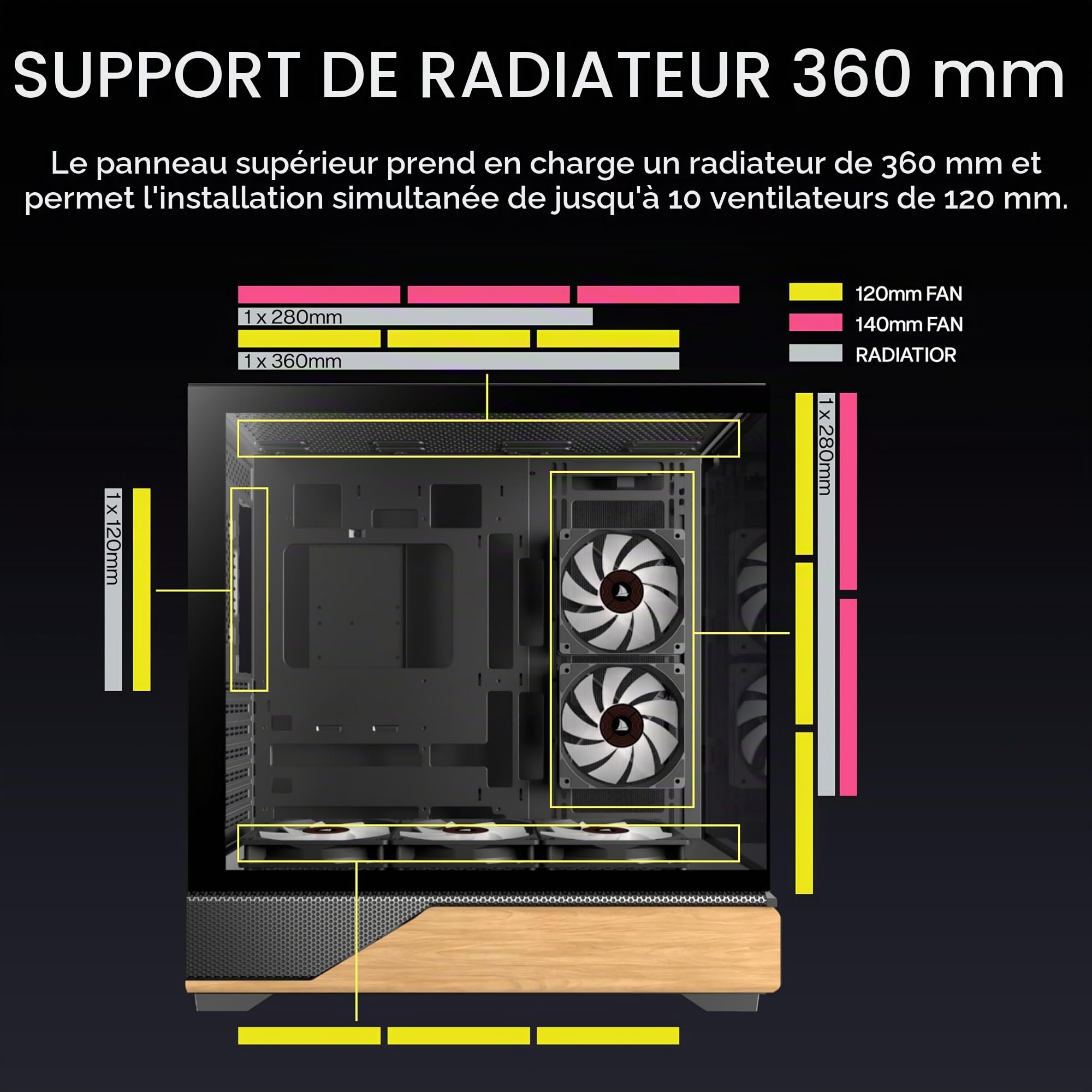 KEDIERS ATX Boîtier PC de tour moyen, 5 ventilateurs ARGB PWM de 120 mm pré-installés, panneaux en bois de noyer imprimés, verre trempé panoramique, compatible avec la carte mère à connexion inversée