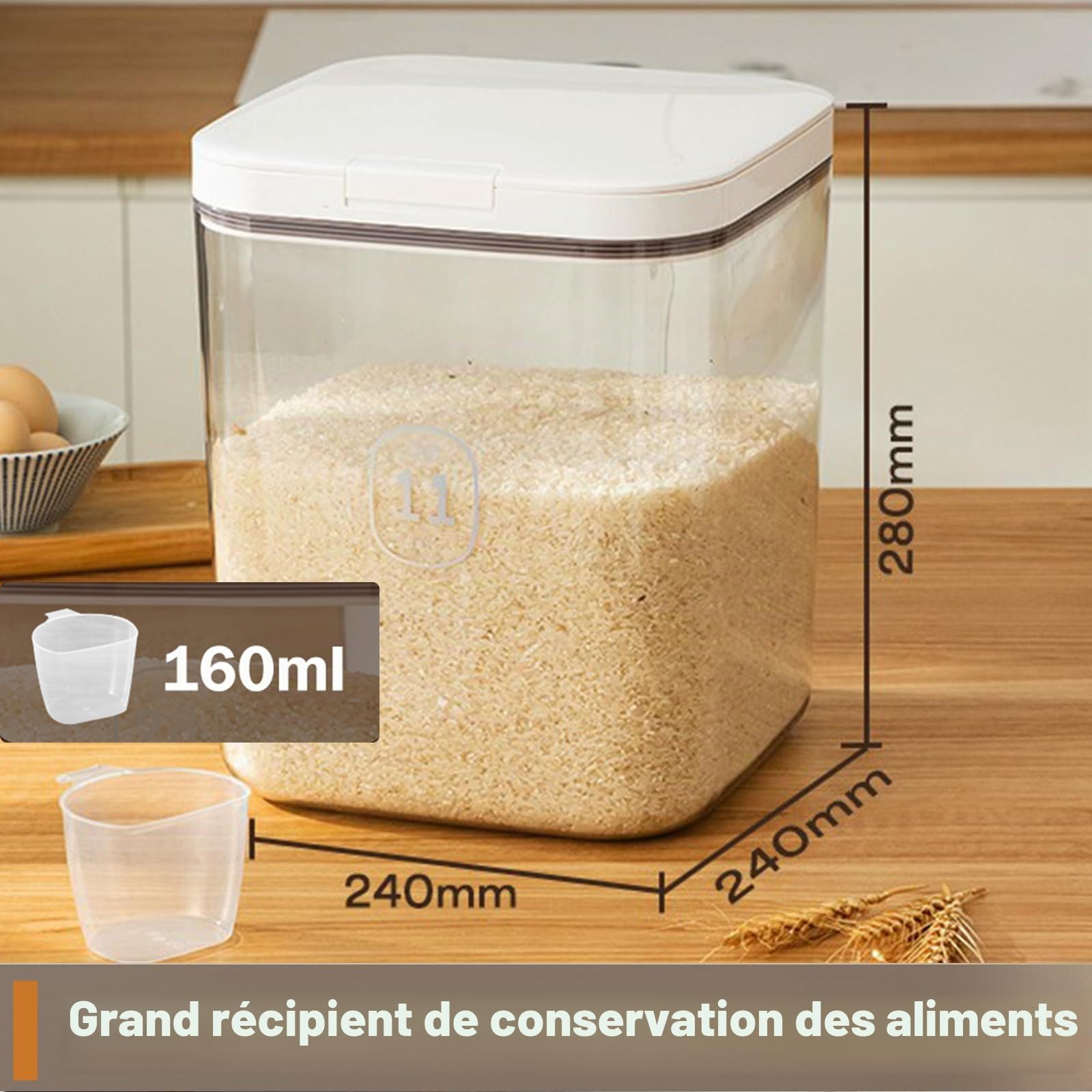 Contenant de Riz 10kg avec Tasse de Mesure, Couvercle Flip-top | Bocuse de Stockage de Farine 11Litres sans BPA, Boîte Hermétique pour le Stockage de Nourriture Sèche pour Cuisine