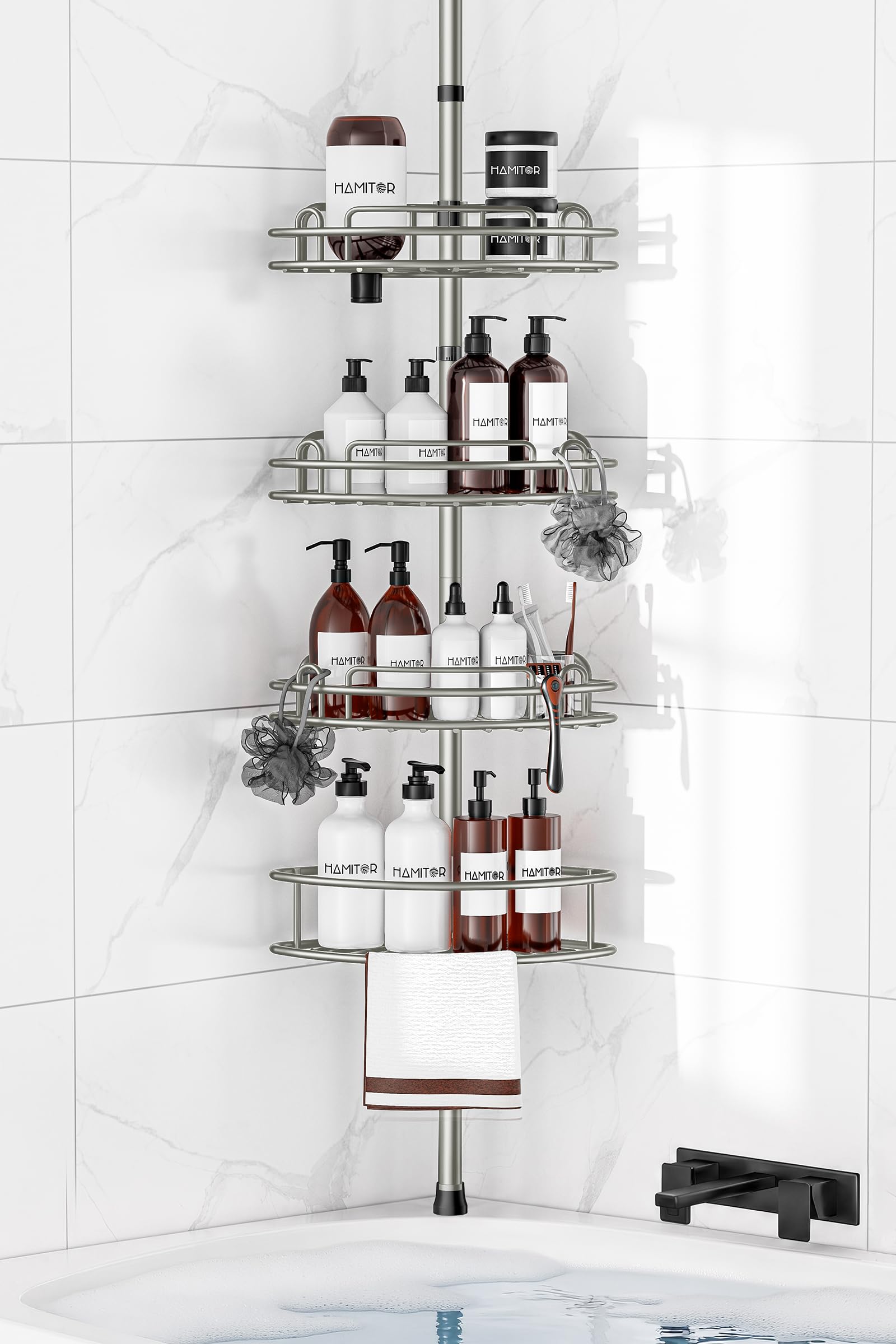 HAMITOR Mensola telescopica per doccia senza foratura: 4 livelli in metallo, antiscivolo e stabile, organizer da bagno per shampoo, sapone e gel doccia, regolabile da 121 a 314 cm, argento