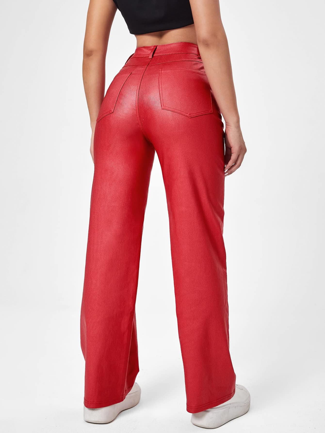 MakeMeChic Women's High Waist Pockets Straight Leg Jeans Leather Look Pants