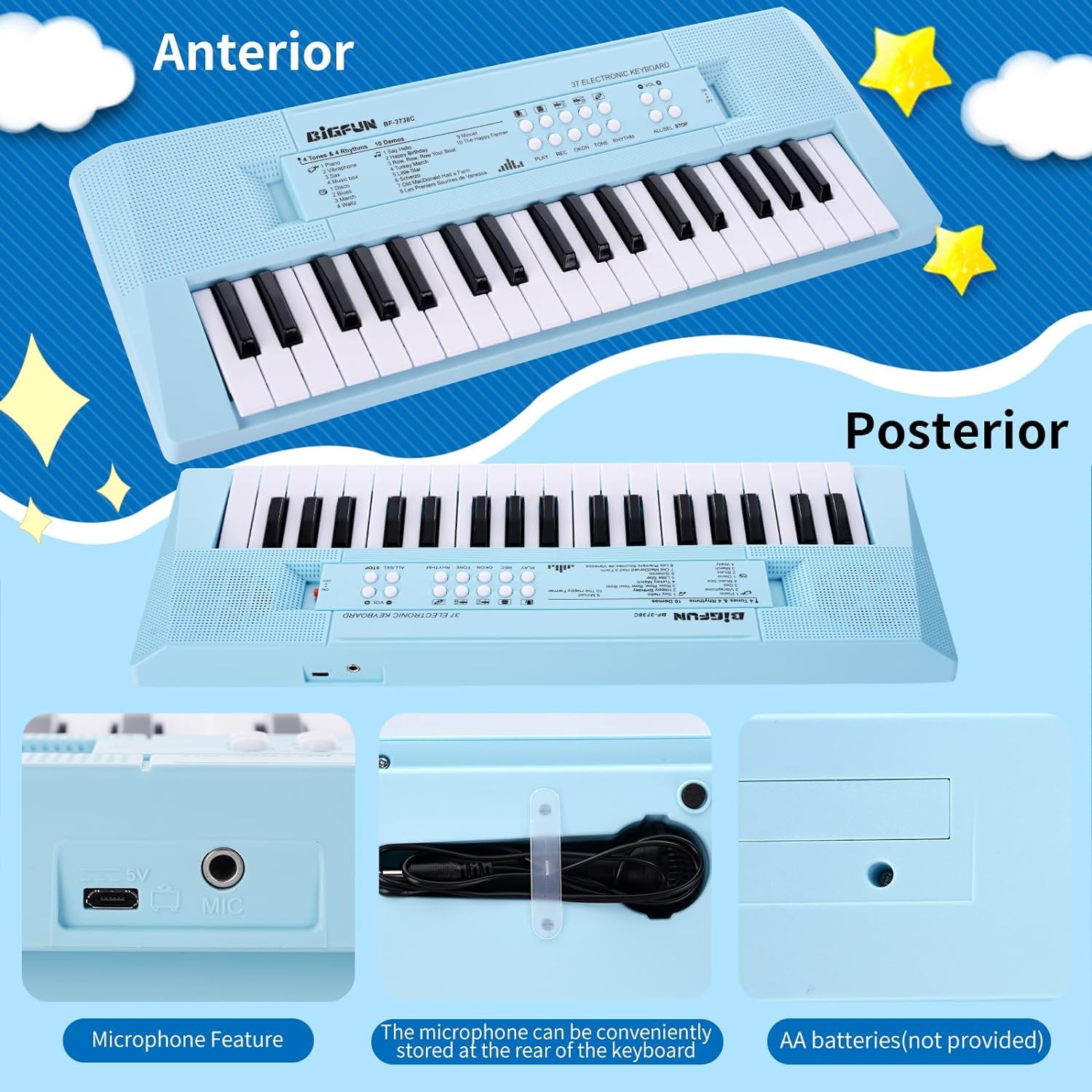 Teclado de piano para niños, teclado de música portátil de 37 teclas, aprendizaje temprano, música electrónica, instrumento de piano para niños y niñas de 3, 4, 5, 6 años (azul) 3