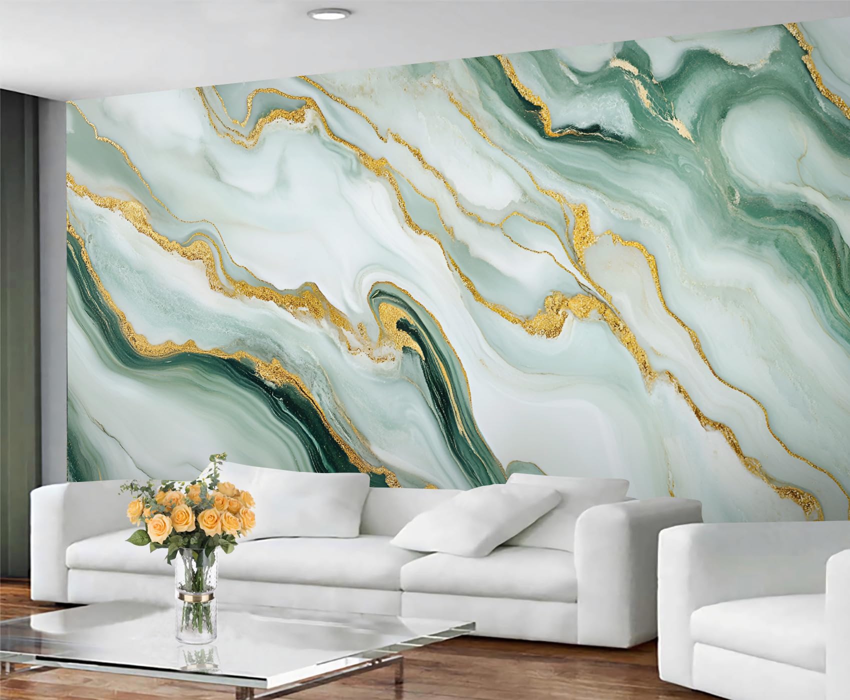 GIVLWF Marble Wallpaper, Gold Green Marble Peel and Stick Wallpaper for Bedroom, Stone Texture Wall Paper for Living Room, Luxury Wall Mural, Abstract Large Mural & Room Decor