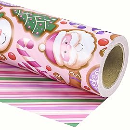WRAPAHOLIC Reversible Gingerbread Christmas Wrapping Paper - Mini Roll - 17 Inch x 33 Feet - Pink Purple Stripes and Gingerbread Wrapping Paper for Xmas Holiday, Party Celebration