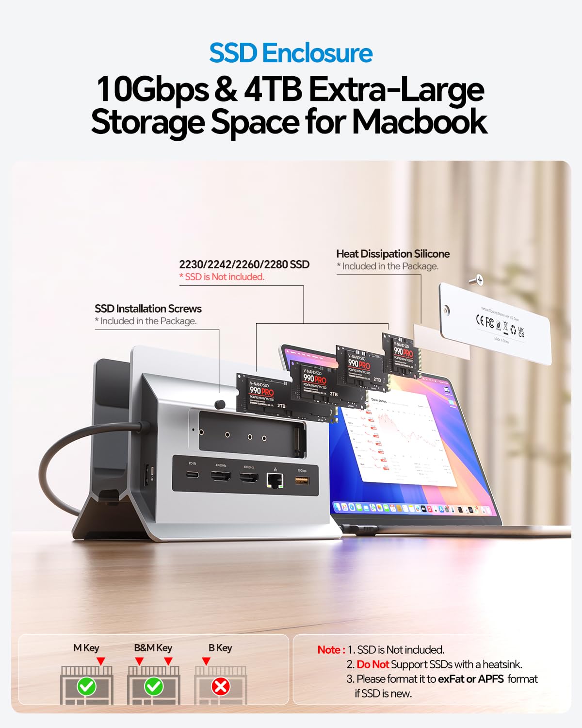 MacBook Dockingstation für Dual Monitore, Dual USB-C Laptop Docking Station mit 2 HDMI 4K@60Hz, USB A/C 10 Gbit/s, Ethernet, NVMe SSD Gehäuse, SD/TF Vertical Dock Ständer für MacBook Air/Pro M3 M4 M5 | PULWTOP Laptop Docking Station mit 2 HDMI, USB A/C 10