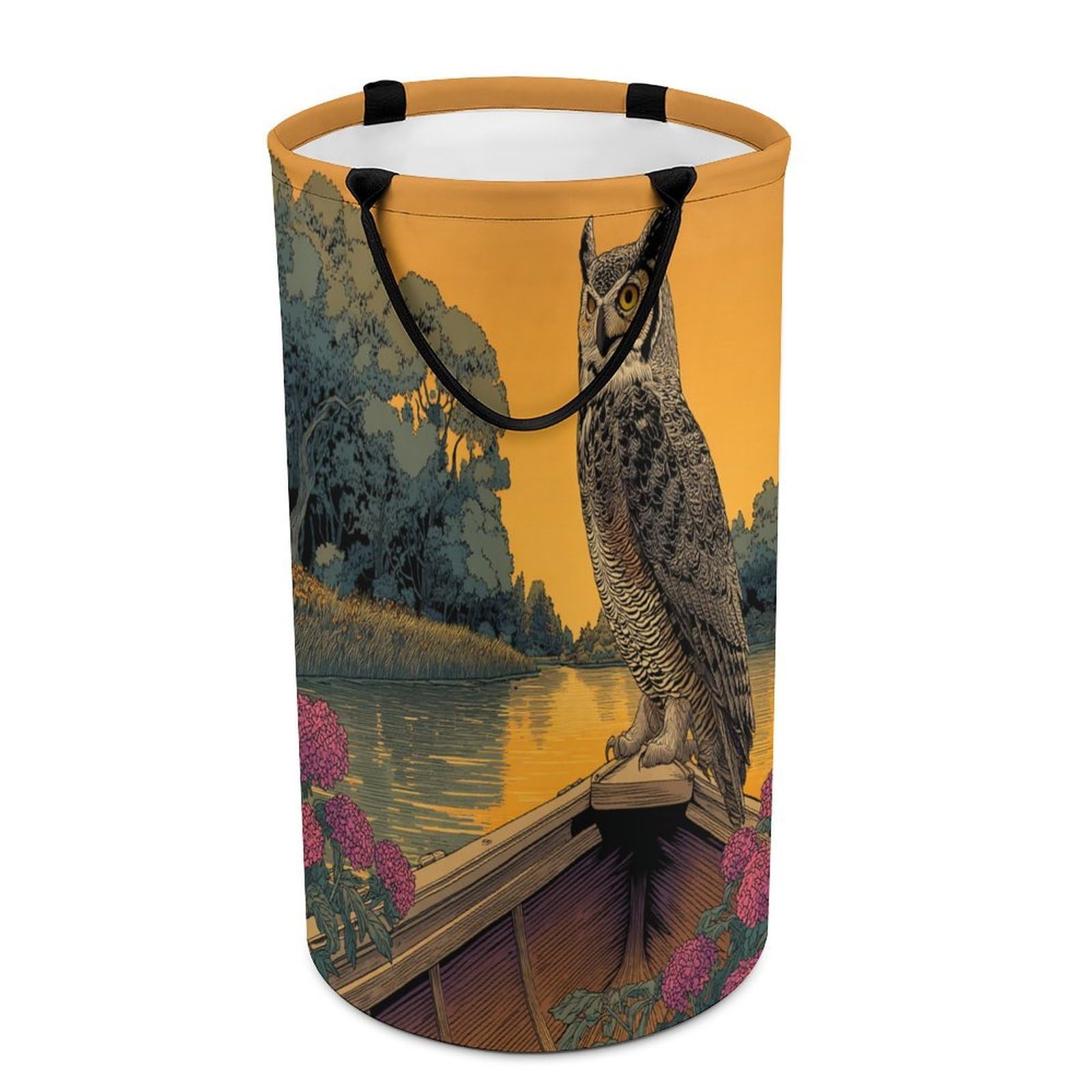 LUYYSKY Cool Elegant Animal Owl Collapsible Dirty Clothes Basket, Retro Watercolor Natural Lake Landscape Floral Owl Pattern Portable Clothes Storage Basket