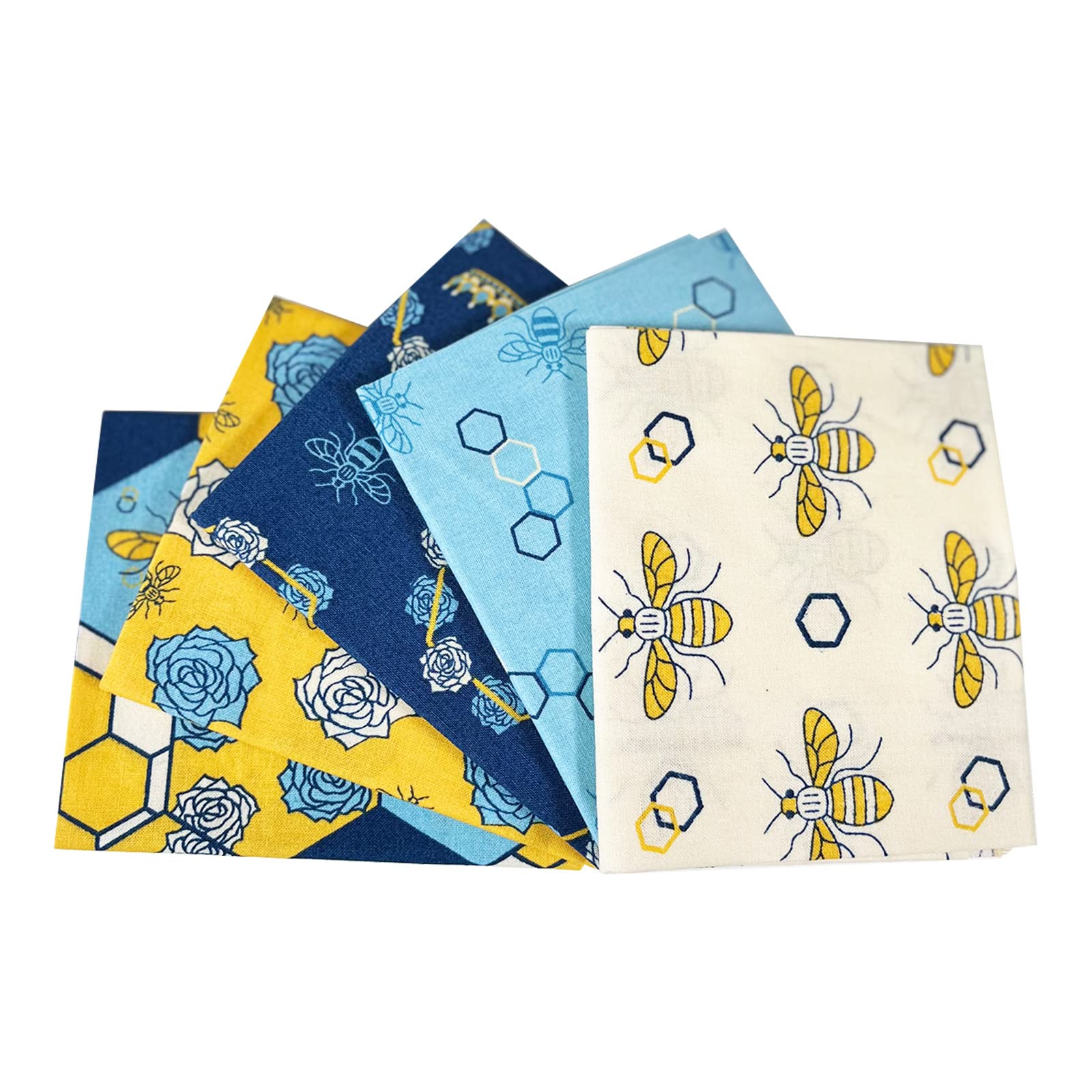 The Craft Cotton Co Yellow - Patchwork Bee Fat Quarters Pack Of 5 (45Cm X 55Cm) 100% Cotton Fabric (Ideal For Crafts, Quilting, Bunting, Patchwork, Sewing), Blue, Cream
