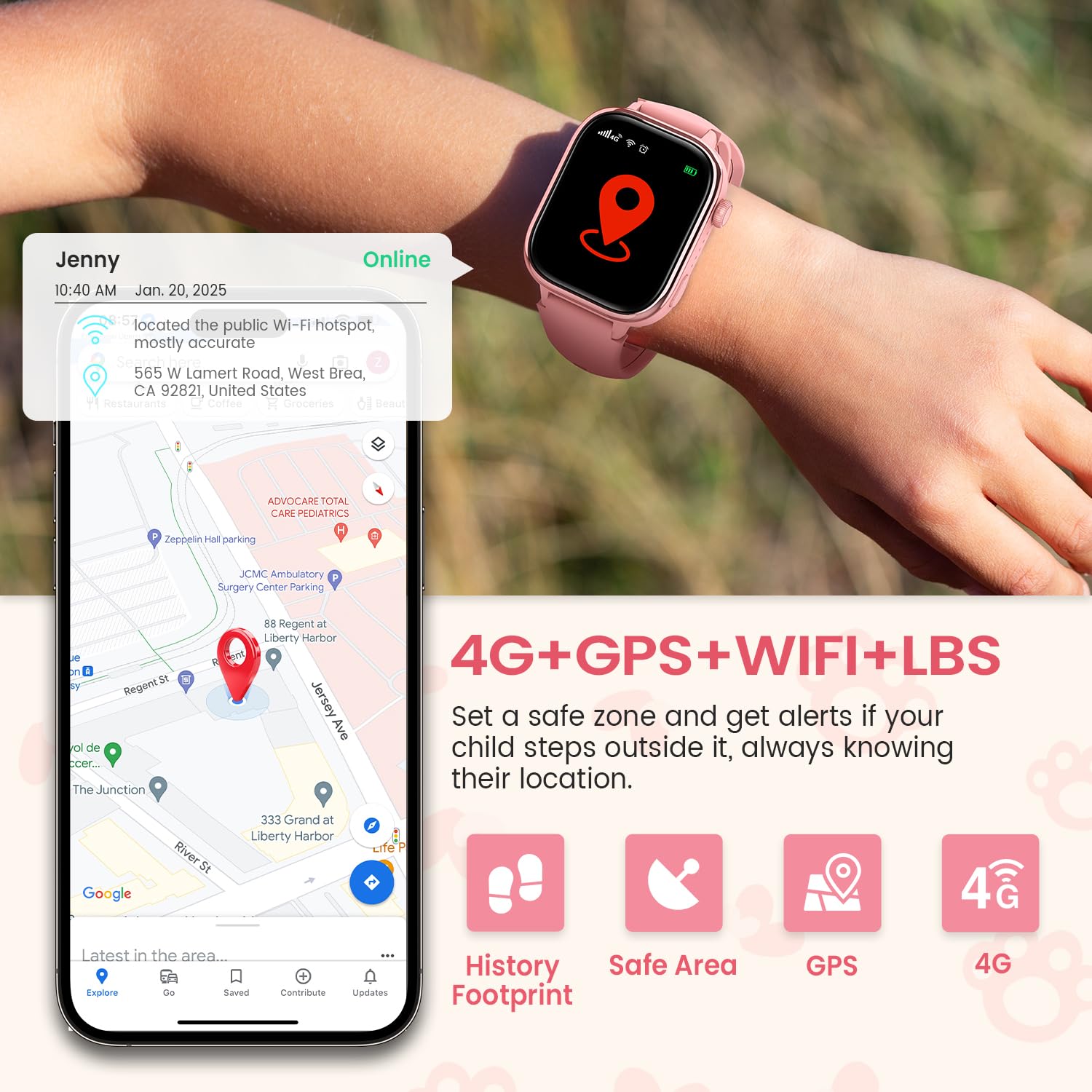 RUXINGX 4G Smartwatch Bambini, IP68 Impermeabile Smartwatch con GPS, SOS, Telefono, HD Videochiamata, Chat Vocale, modalità Lezione, Sveglia, Sonno, Orologio Bambini per Ragazze e Ragazzi, Rosa