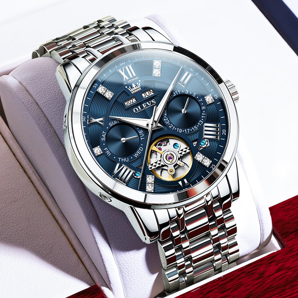 OLEVS Automatic Watches for Men Self Winding Mechanical Skeleton Luxury Dress Stainless Steel Diamond Men Wrist Watches