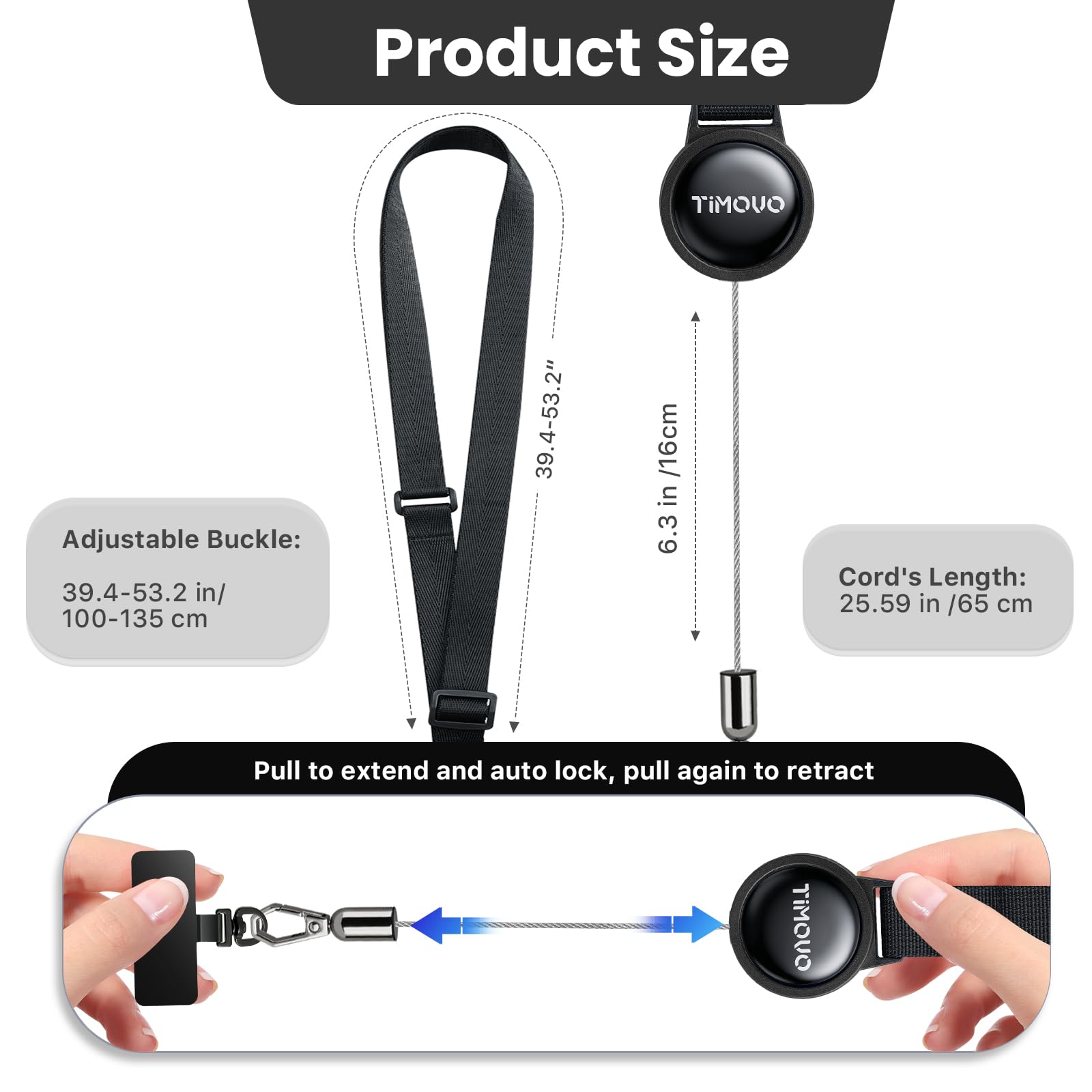 TiMOVO Anti-Theft Retractable Phone Lanyard Carabiner, Black | Adjustable Strap with Locking Carabiner & Tether Tab, Universal Phone Tether for Climbing Hiking Skiing Fishing