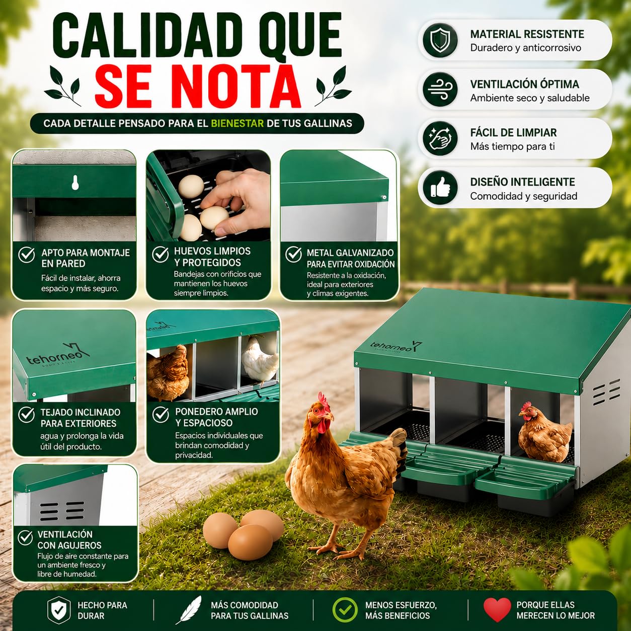 TEHORNEO Ponederos para Gallinas, Ponederos Gallinas 81x51x47 cm de Acero Galvanizado con 3 Departamentos, Apto para 12-15 Aves Ponedoras, Jaula Exterior, Montaje sin Herramientas