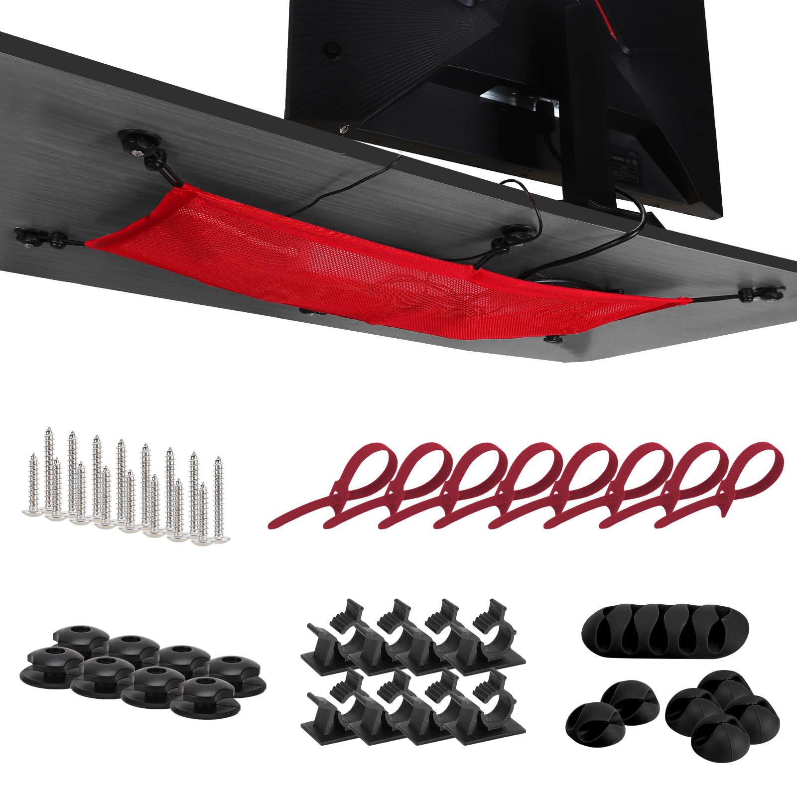 WurdeWindig Under Desk Cable Management Net Organizer - Heavy Duty Adjustable Mesh Cord Storage with Straps, Space-Saving Cable Tray for Home Office, Gaming Desk Setup (Red,26 * 9.5 inch)