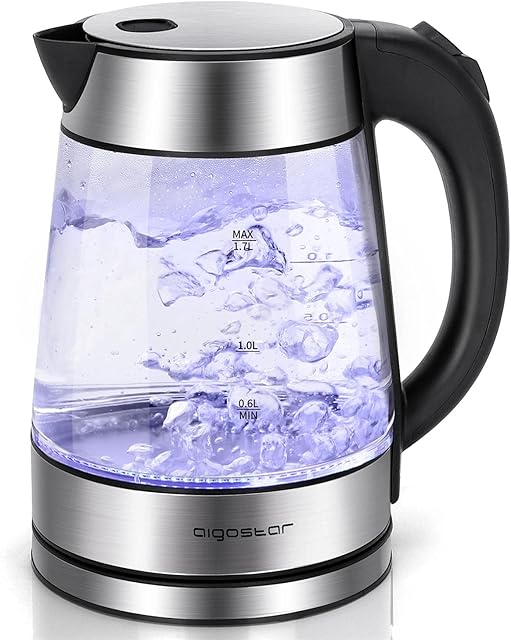 Aigostar Glass Kettle with LED lighting, 2200W, 1.7L, Boil-Dry Protection, BPA Free, Black and Silver, Quiet Boiling - Chubby 30LDA.