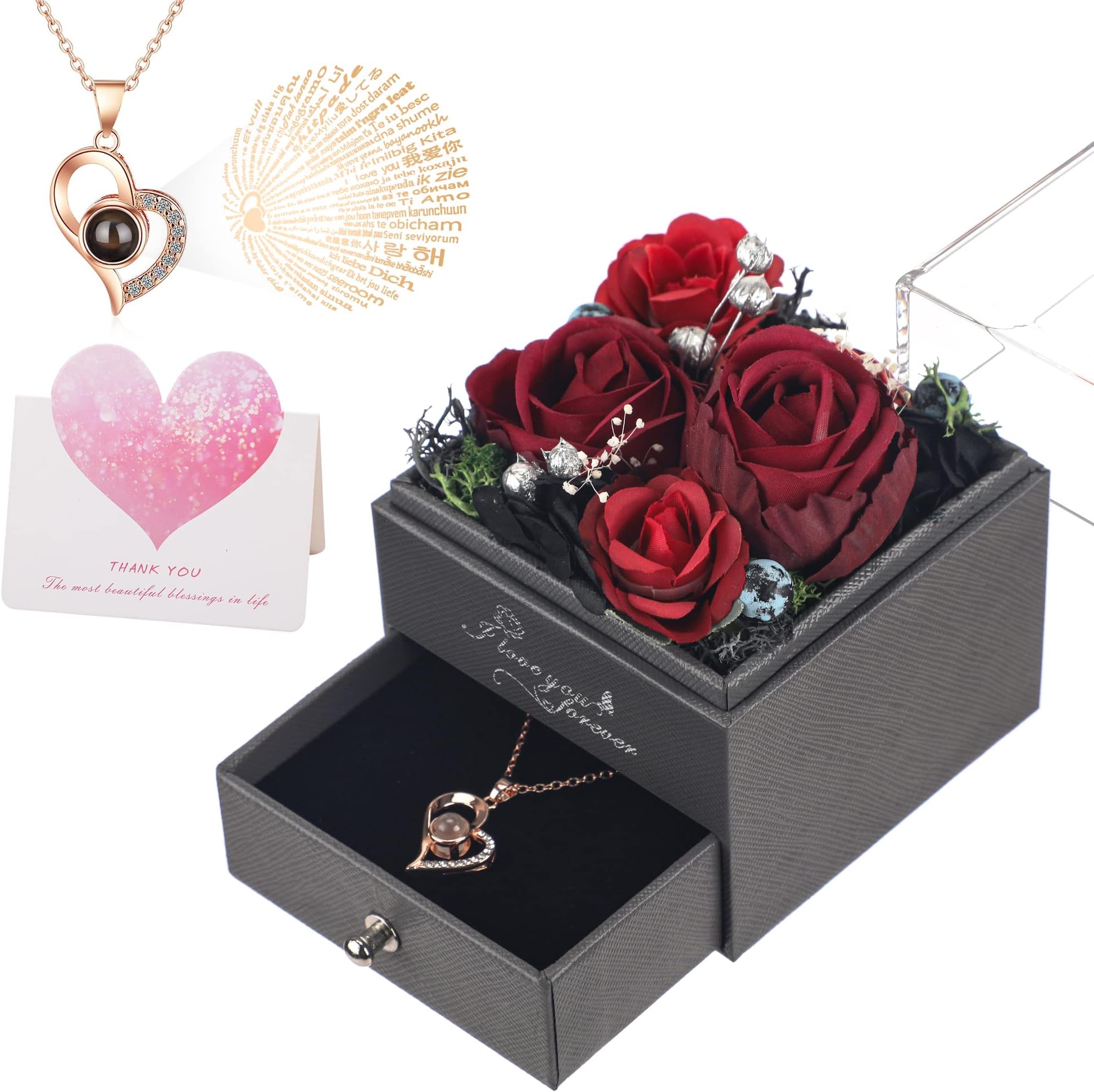 FLOWERS Birthday Rose Box Gifts for Women Mom Mothers Day Preserved Floral and Artificial Floral Gifts for Women Grandma Valentines Day Gift Box for Wife Her with Necklace Red Regalos para Mujer