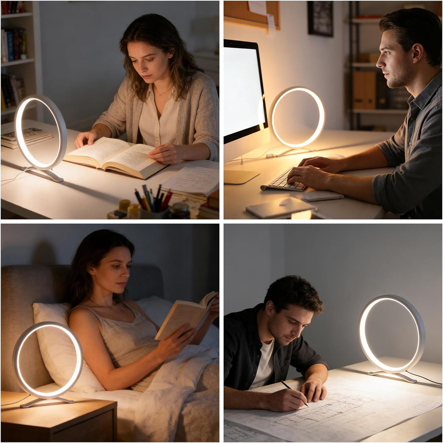 White Modern Circle Table Lamp, Dimmable LED Nightstand Lamp with On/Off Switch, 3 Color Temperments, Minimalist Desk Lamp for Bedroom, Living Room, Office, Home Decor (White)