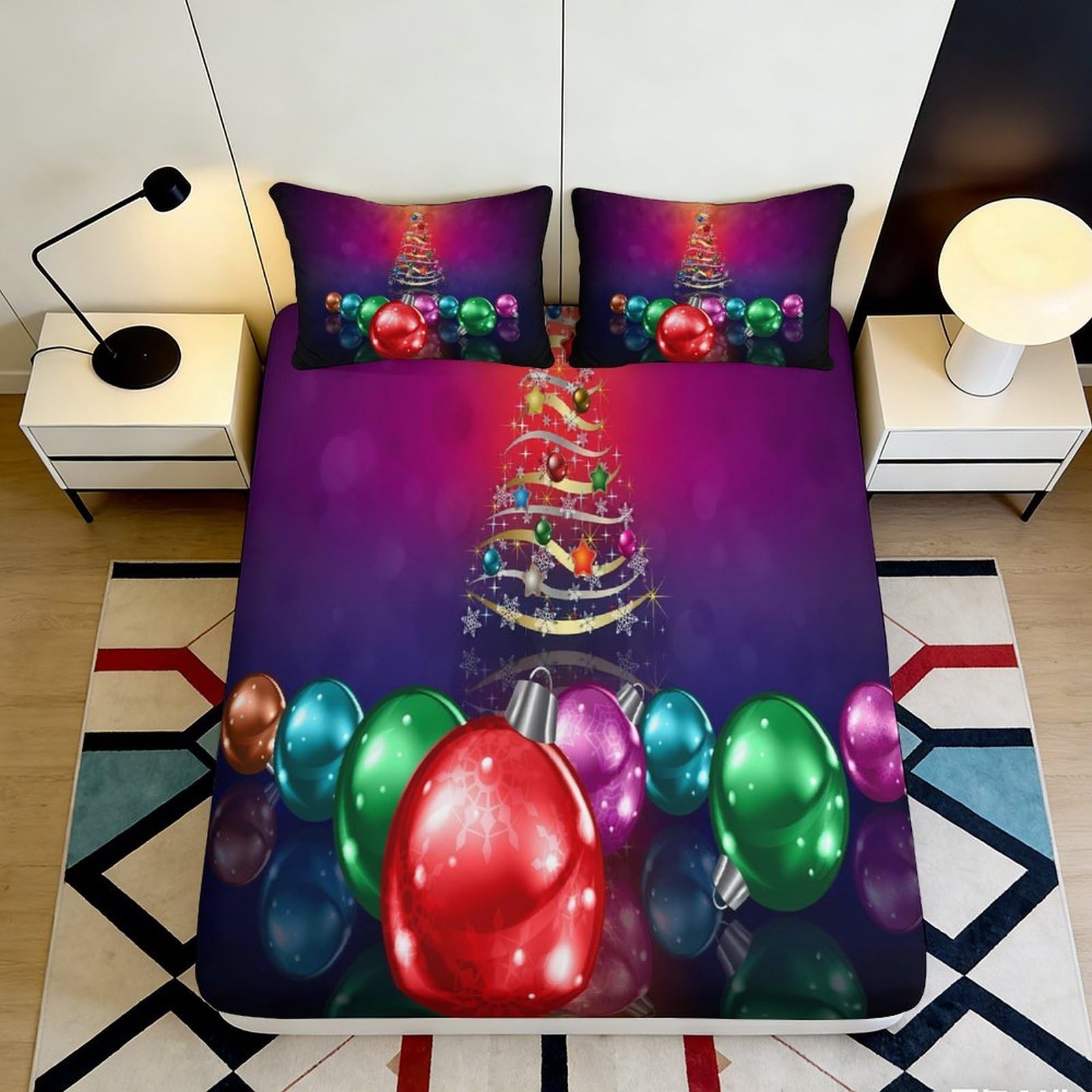 3D Printed Christmas Ornaments Fitted Sheet Microfiber Soft Colorful Baubles Bed Cover Bedroom Decor Dorm Mattress Protection 90x200x25cm