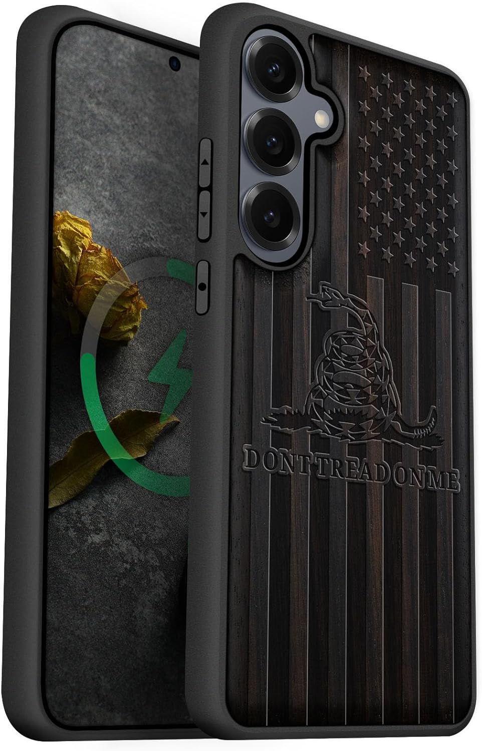 Carveit Magnetic Wooden Case for Galaxy S25+ Samsung S25 Plus Case, TPU Shockproof Cover & Wood Engraved, Compatible with MagSafe Wireless Chargers (Gadsden and American Flag) Blackwood