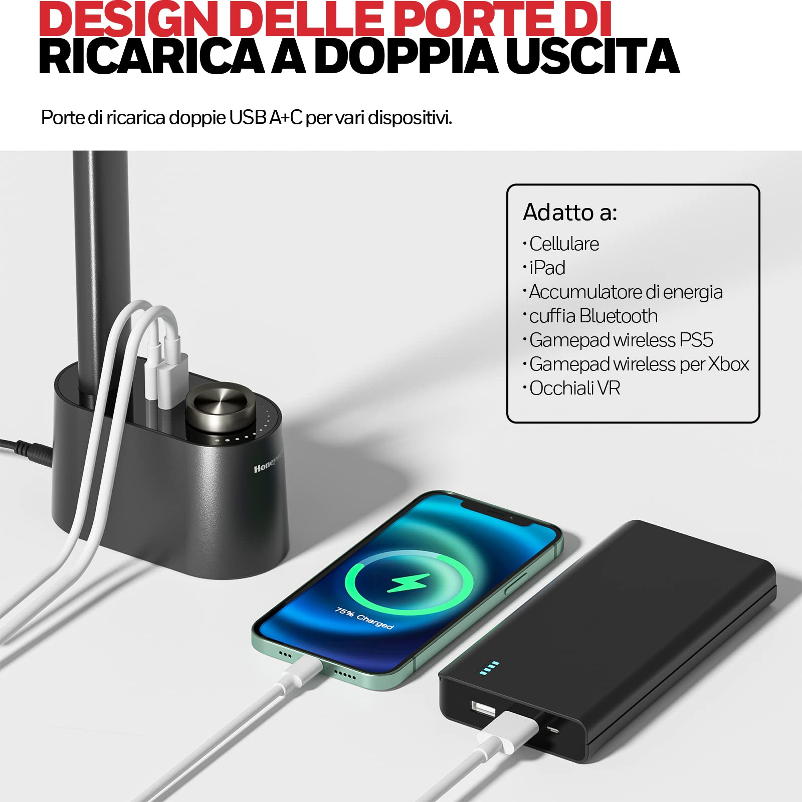 Honeywell Lampada da scrivania con porta di ricarica USB - Lampada da comodino dimmerabile per casa e ufficio, lampada da tavolo piccola pieghevole portatile per Adulti che leggono e lavorano, HWT-H01