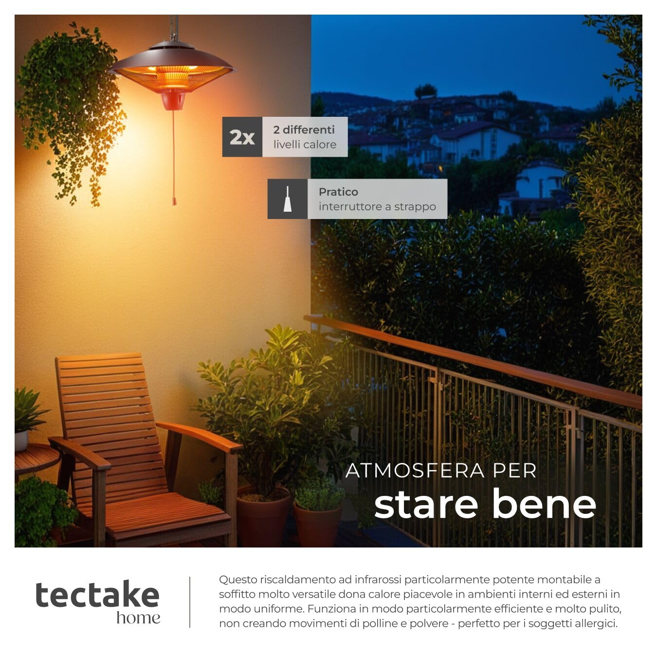 Tectake Riscaldatore a Infrarossi 2500W da Appendere, Struttura in Alluminio Inossidabile, Nero