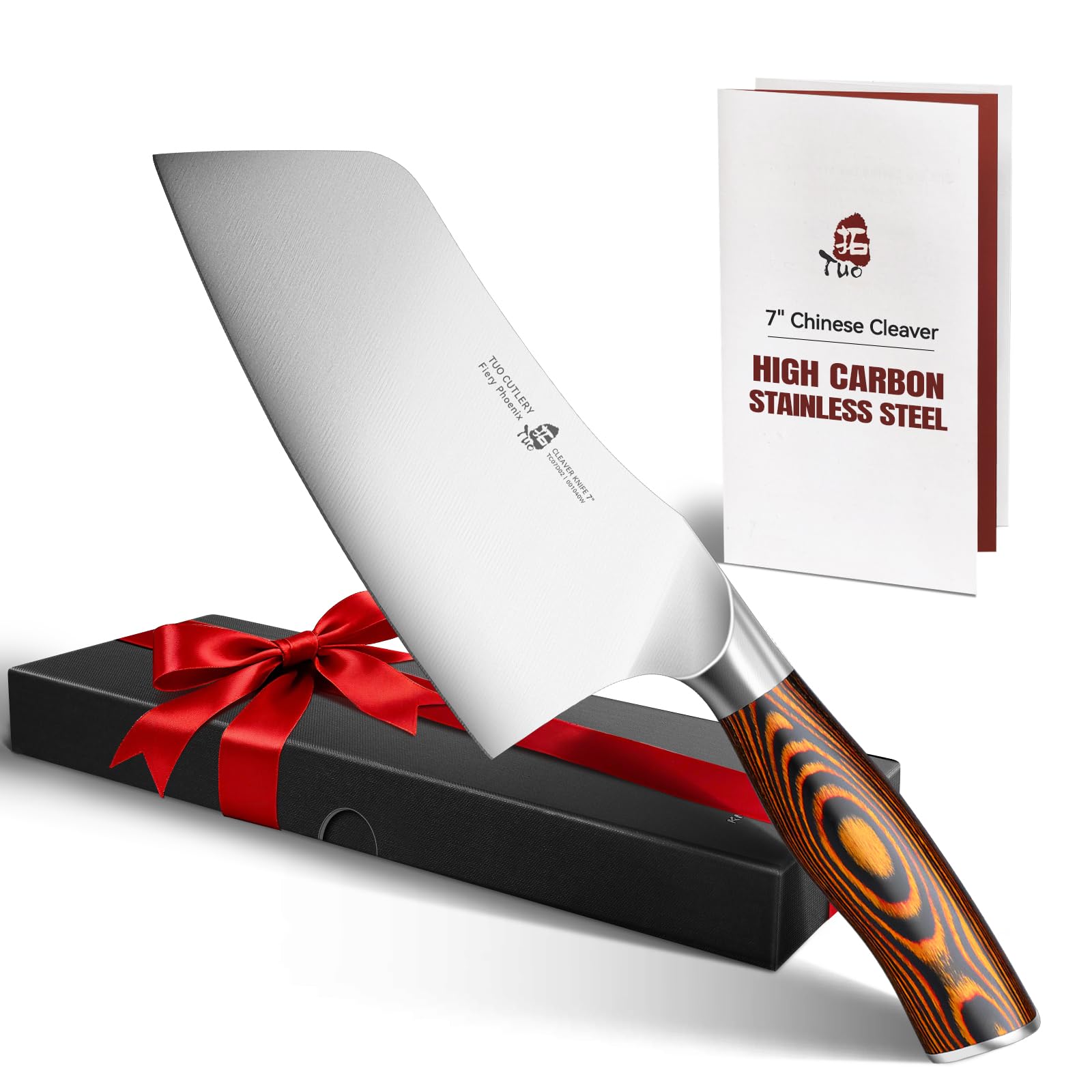 TUO Vegetable Cleaver knife - Chinese Chef’s Knife - Stainless Steel Vegetable Meat Cleaver - Pakkawood Handle - Gift Box Included - 7 inch - Fiery Phoenix Series
