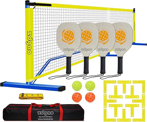 Pickleball Net for Driveway - Portable Pickleball Set with Net and Paddles Set of 4, Court Marking Kit, Outdoor Pickleballs, Carry Bag, Steady Metal