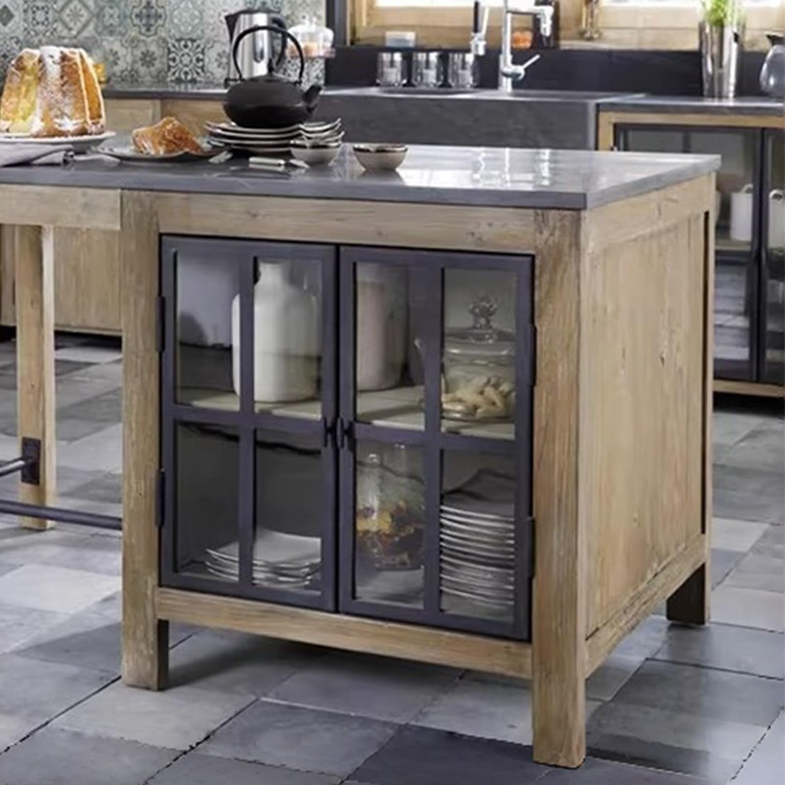 Isola da cucina con piano in pietra, tavolo da preparazione indipendente e mobiletto portaoggetti, elegante soluzione di archiviazione per chef domestici e intrattenimento