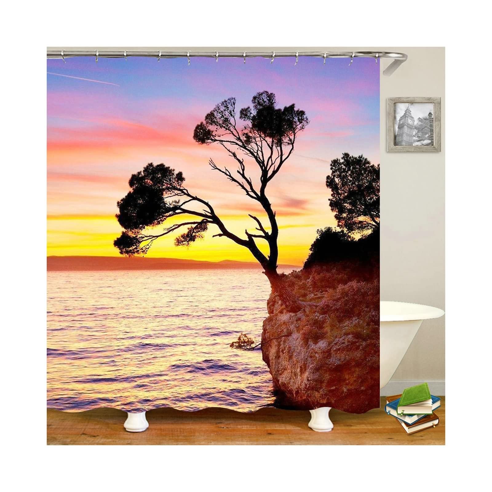 Rideau de douche imperméable avec anneaux pour salle de bain motif arbre 150x200