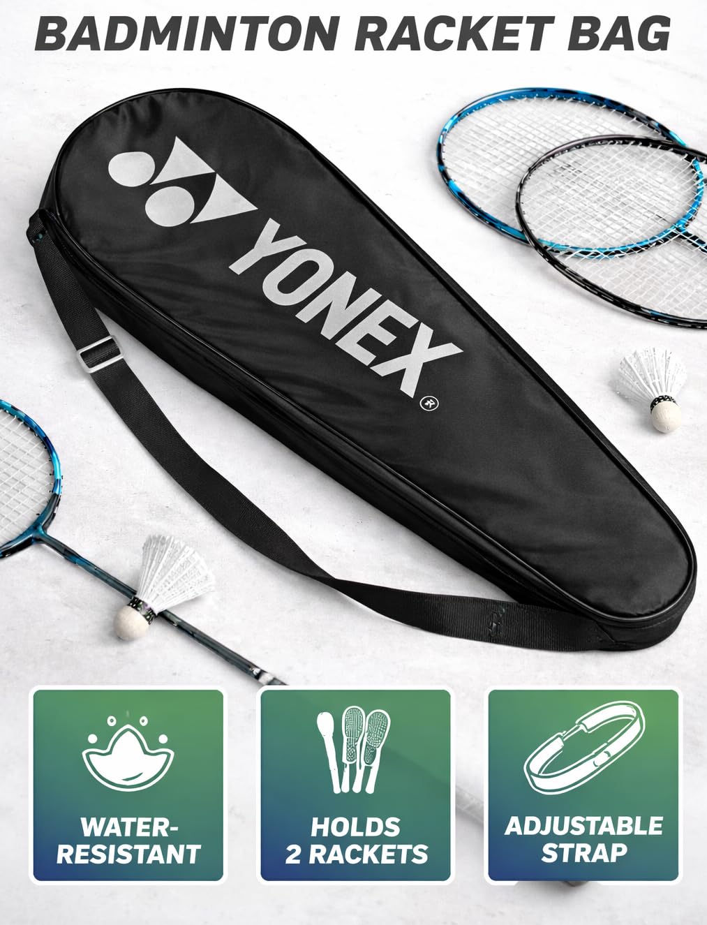 YONEX Torba na rakietę do badmintona, czarna, z regulowanym paskiem na ramię