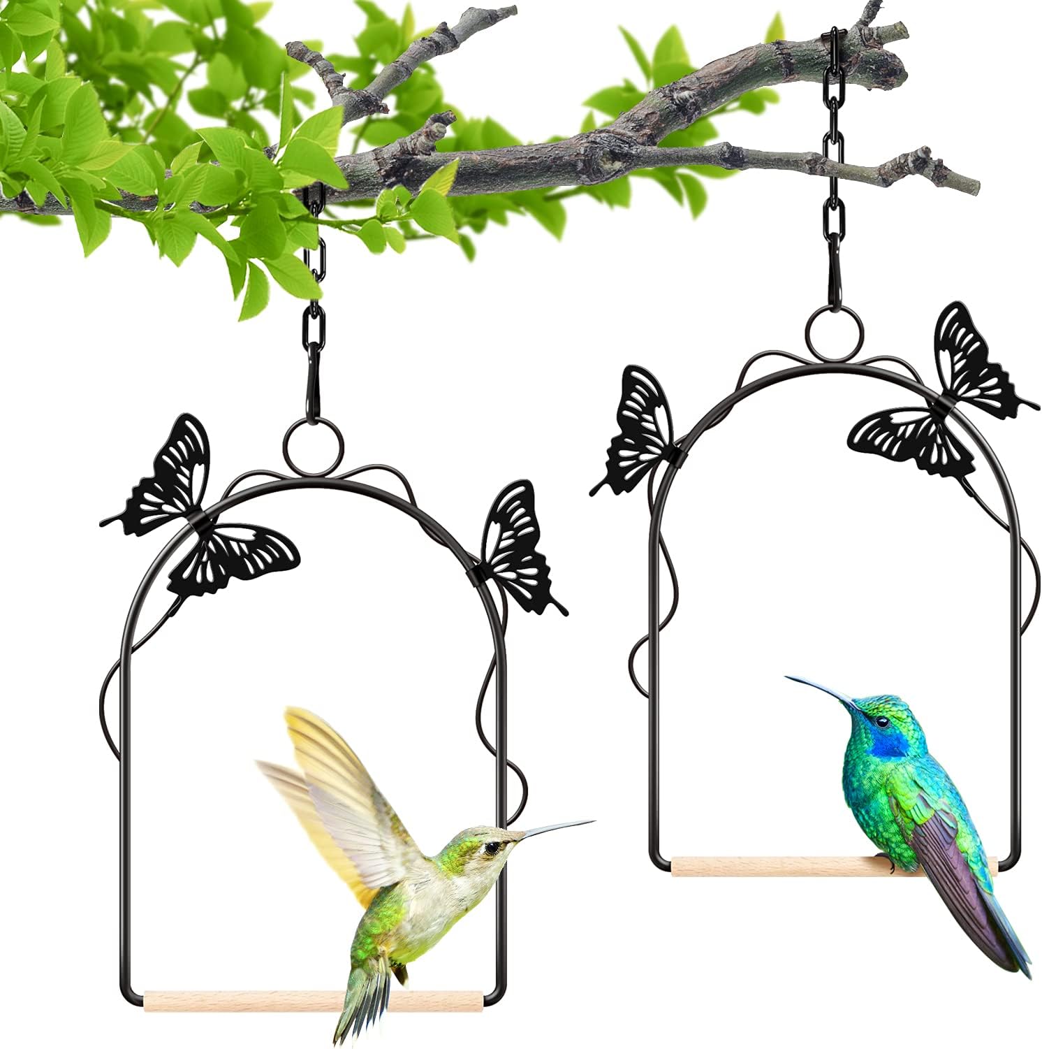 Hummingbird Swing 2 Pack Attractive Hummingbird Perch with Rust Resistant Metal Frame, Wooden Dowel and Hanging Chain for Wild Finches & Orioles Bird Outdoors