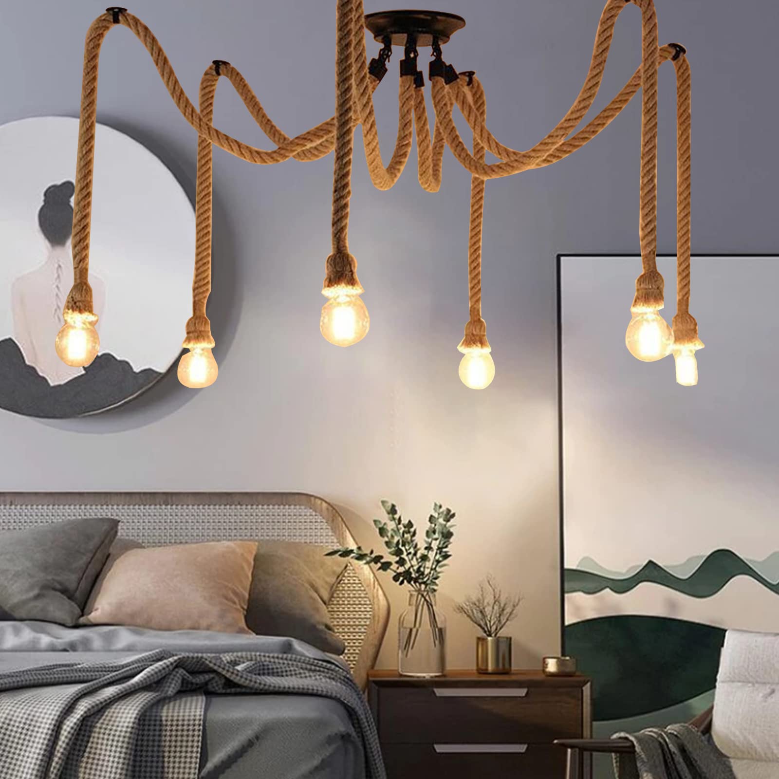 Lámpara de araña industrial retro de cuerda de cáñamo, lámpara colgante Hemp Rope Light con 1/3/6 luces, cuerda de cáñamo DIY vintage colgante con portalámparas E27, para sala de estar