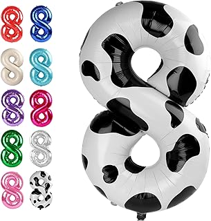 Cow Print Foil Number 8 Balloon 40 Inch, Helium Mylar Eight Number 8 18 28 38 48 58 80 88 Birthday Balloons, 8th Cow Print Women Men Wedding Anniversary, Graduations Party Supplies