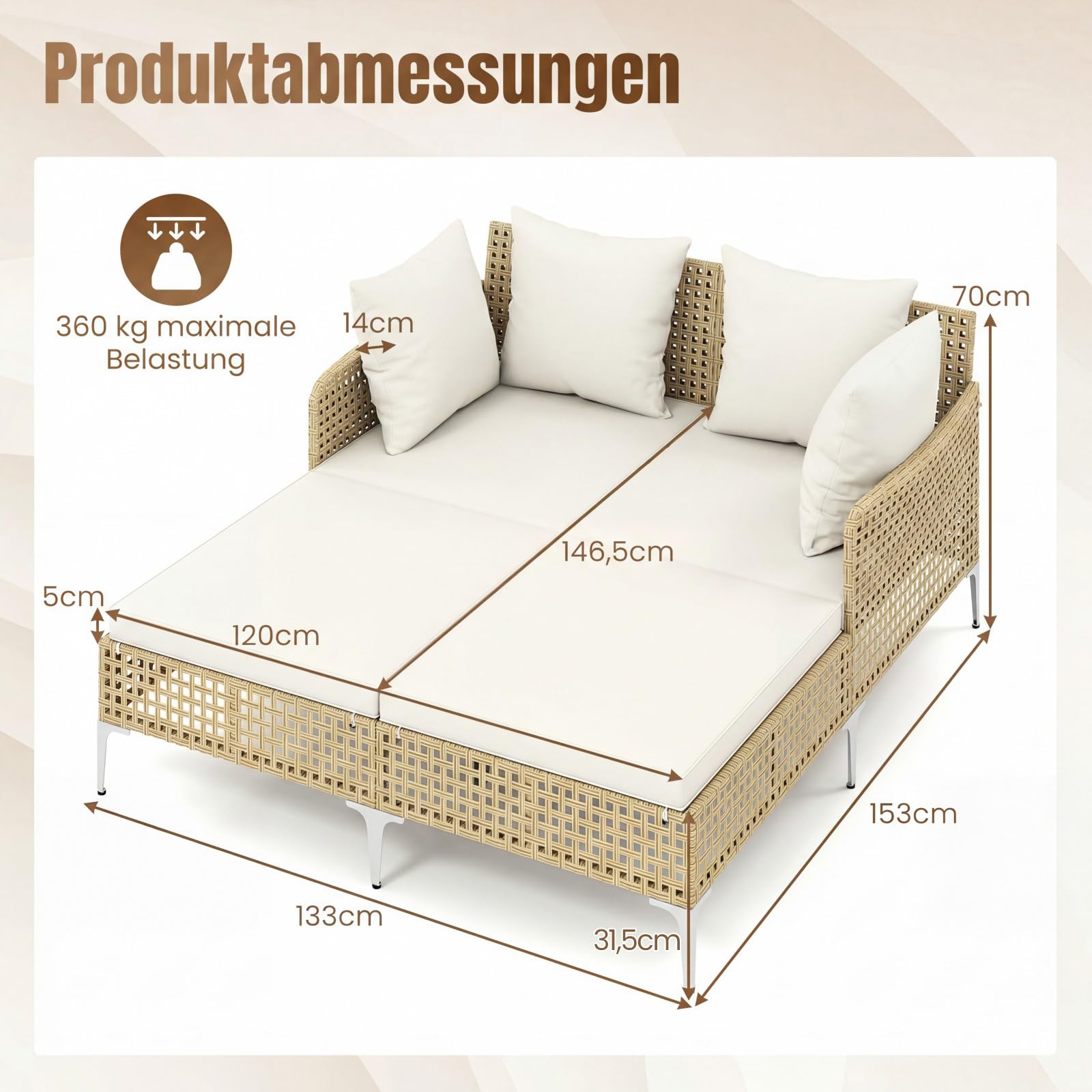 COSTWAY Sonnenliege 2 Personen, Rattan Doppelliege mit Sitz- & Rückenkissen, Gartenliege wetterfest, Liegestuhl, Sonnenbett, Outdoor Liege für Garten, Terrasse, Balkon