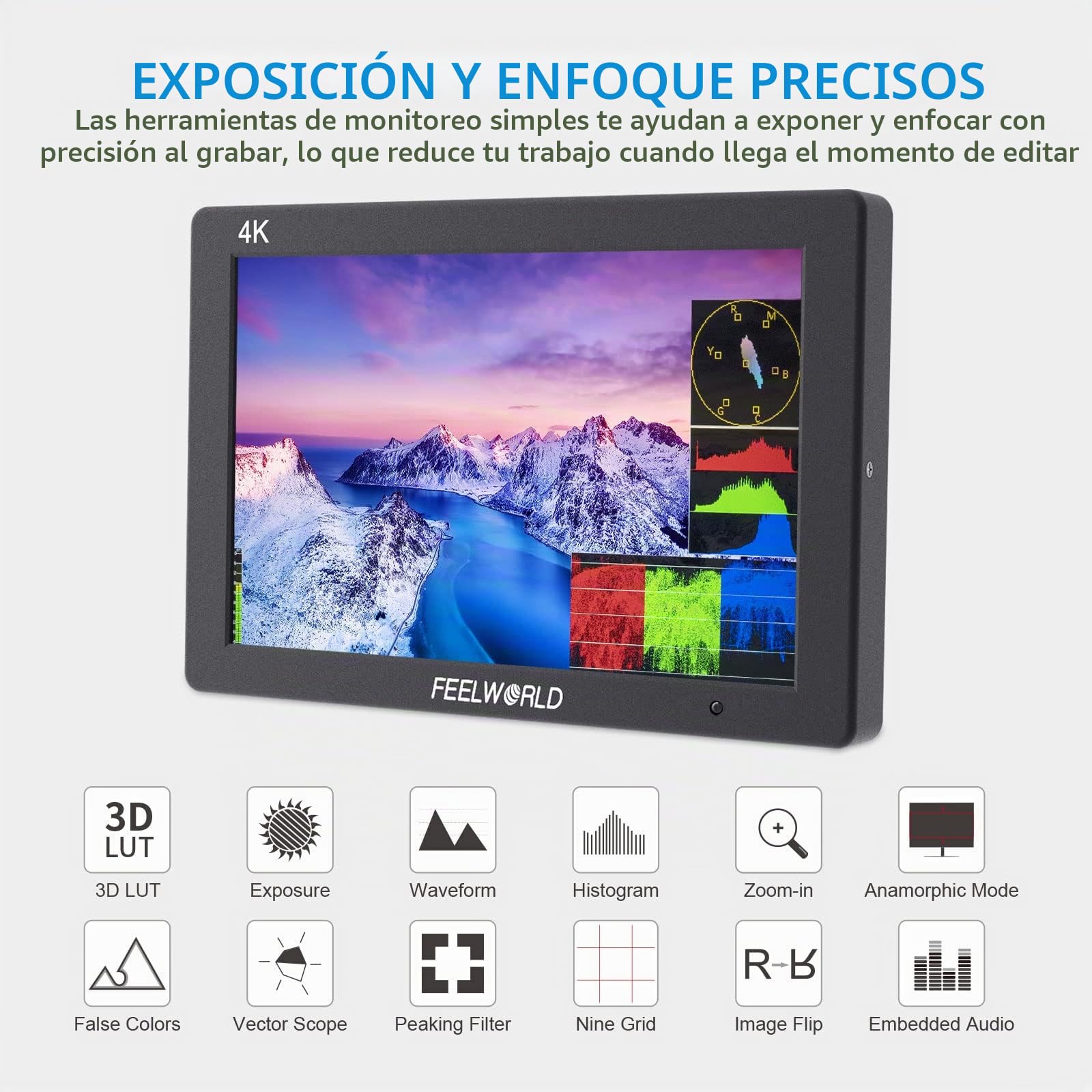 Feelworld T7PLUS Monitor de Campo DSLR de 7 Pulgadas con Batería F550 de 2200 mAh Full HD Focus Video Assist 1920x1200 IPS con Salida de Entrada HDMI 4K